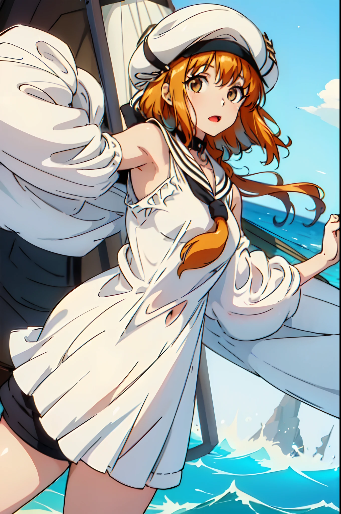 sailing ship, sailor, shorts, (((petite girl))), small breasts, dynamic angle, expressive, focus on the girl