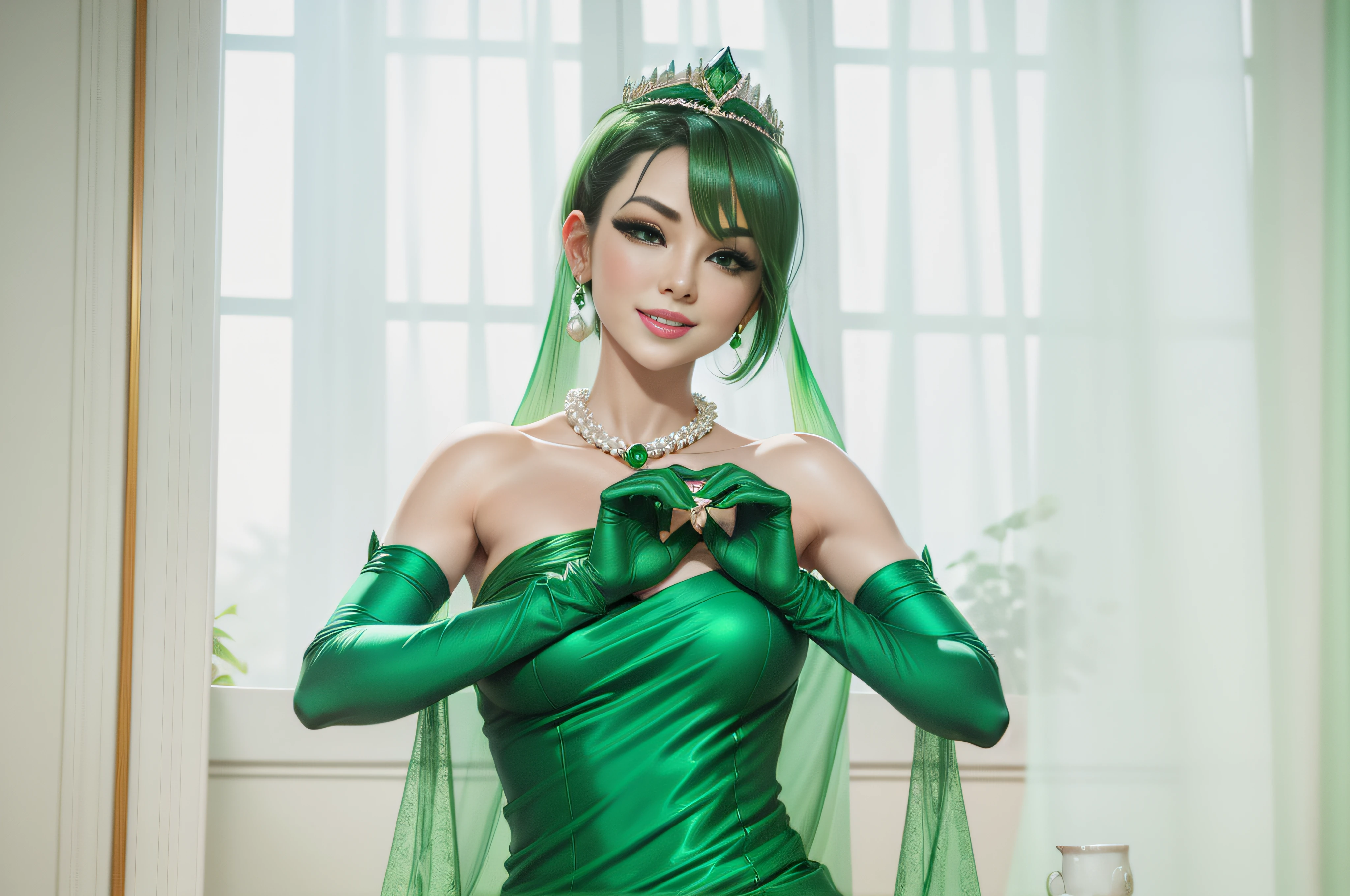 emerald tiara, Green Pearl Necklace, Boyish very short green hair, lipsticks, Japan woman smiling, very short short hair, big breasts beautiful, Green eyes, Long green gloves made of satin material, Green eyes, Emerald Earrings, Green dress