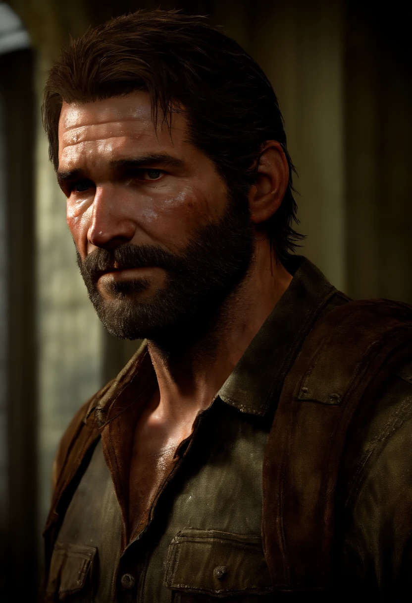 40s year old Joel Miller, (half body shot), (low angle camera shot), (exposed big hairy chest and abs:1.4), unzipped brown jacket exposing his big pecs and abs and hairy chest, looking at viewer, beard, raunchy, dirty, Joel miller from the last of us, (extremely accurate and detailed facial features fo Joel miller from the last of us:1.9), (muscular, big pecs, wide shoulder:1.2)