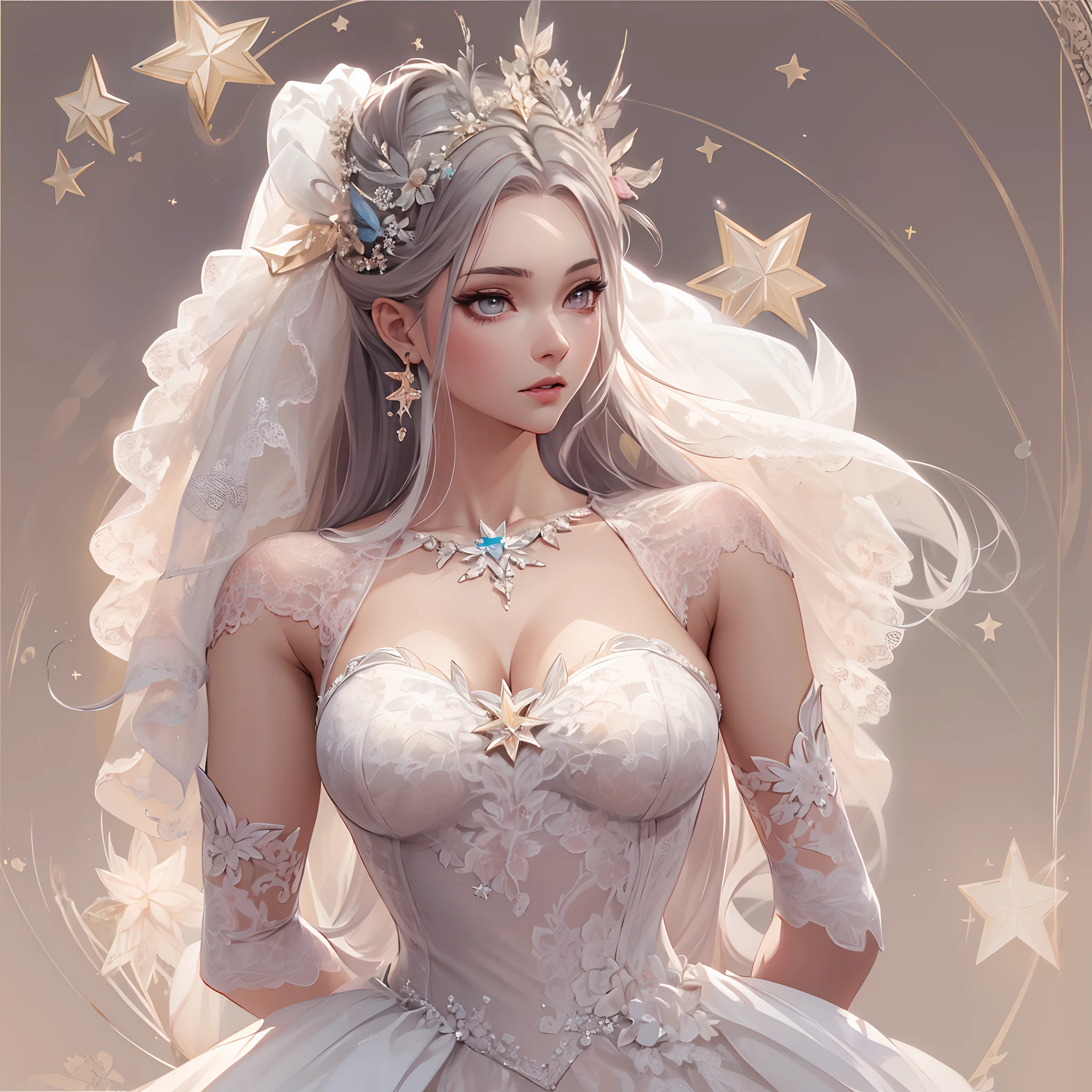 ((Masterpiece, Highest quality)), Detailed face, CharacterDesignSheet,full bodyesbian, perfectly proportions,Full of details, Multiple poses and expressions, Highly detailed, Depth, a beauty girl,wedding gown,lacepantyhose,estilo fantasia,Extremely beautiful,High Balance, Natural light,Star decoration