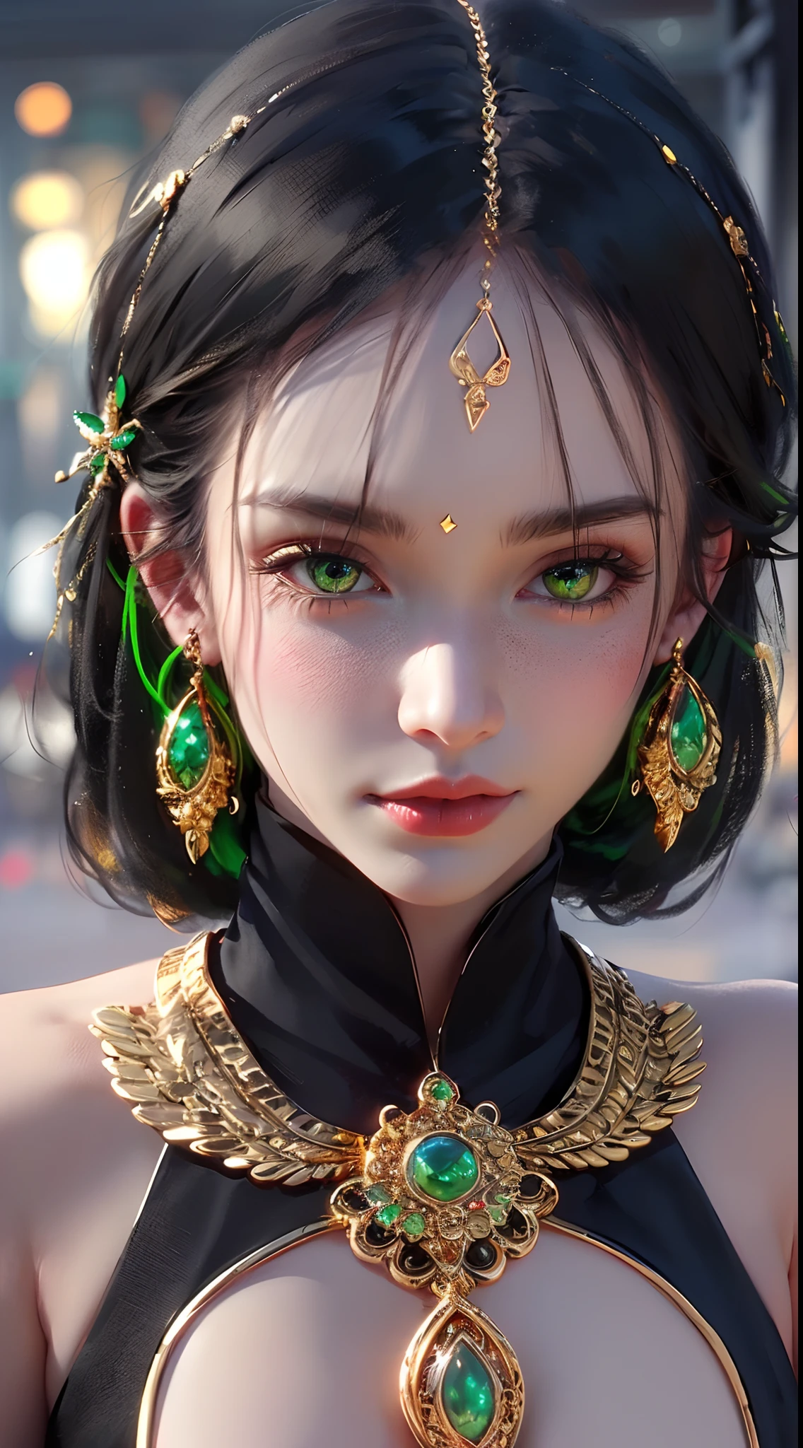 1 beautiful young princess, ((beautiful princess no longer a child:1.8)), ((wearing a black armored dress with gold trim in ancient hanfu style:1.6)), (((Exquisite patterns on the skirt:1.6))), ((braided hair with long black bangs: 1.6)), ((long bangs:1.6)), ((hair jewelry:1.9)), ((upper body gold jewelry:1.9)), ((Very delicate gold necklaces:1.7)), ((earrings with emeralds:0.8)), noble, noble style of an extremely beautiful girl, super cute little face, very pretty face, fur thin eyebrows, flawless beautiful face, ((black eye pupils: 0.8)), very beautiful eyes, ((green eyes eyes: 1.6)), beautiful makeup and detailed hairdo, eyelashes, eye makeup wet, high nose, earrings, red lips, ((closed mouth: 1;5 )) beautiful lips, slim hands, ((arms spread out to the sides: 1.7)), rosy face, clean face, flawless beautiful face, smooth white skin, firm breasts, nice cleavage, ((super big and round breasts: 1.6)), beautiful breasts, perfect body, ((Sit back and puff out your chest, arms behind you:1.6)), 8k photos, super high quality, super realistic, super 10x pixels, optical, bright studio, bright edges, two-tone lighting, (high detail skin:1.2), super 8k, soft lighting , high quality, volumetric light, optical, optical high resolution, light, best photo, 4k, 8k quality, blur effect, smooth sharpness, 10 x pixels, ((beach at night background:1.5)), aurora, lightning, super realistic graphics, most realistic graphics, alone, solo, Extremely sharp, surreal images, (((frontal portrait: 1.3)))."