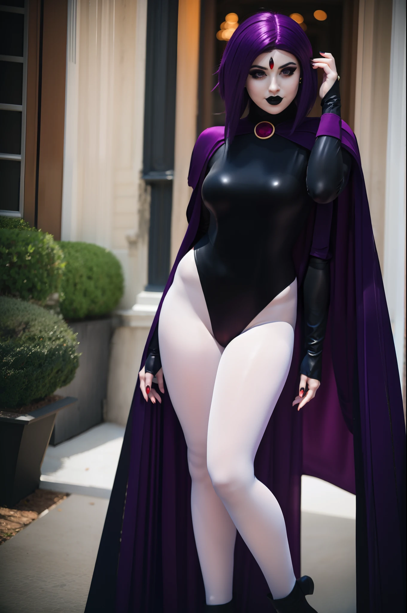 Masterpiece, professional artwork, famous artwork, gothgirl solo in raven cosplay , purple hair, white skin, leotard, full-body angle, dark ambiance