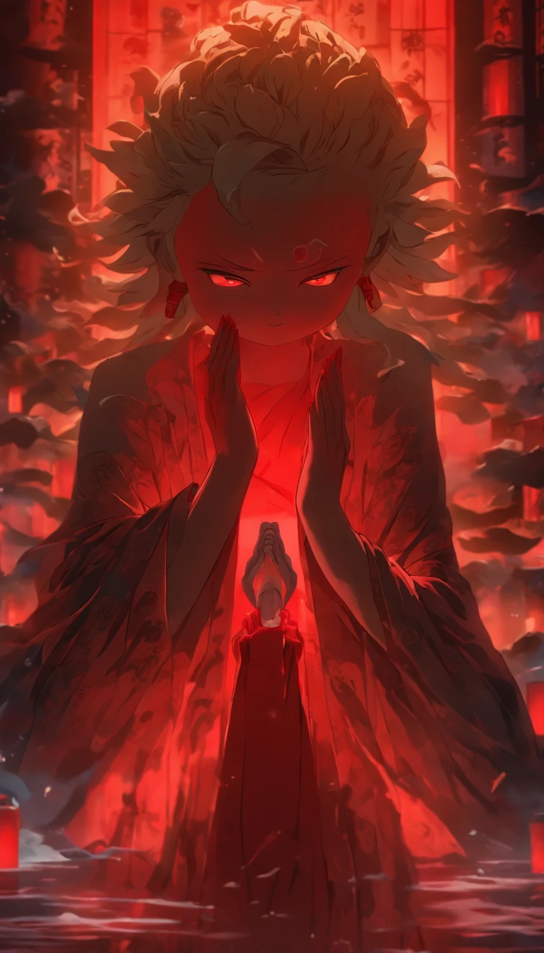 Blood red room, Flashing white TV screen, BUDDHA STATUE, cabelos preto e longos, with hair dishevelled, Cover one eye and face, Bright red eyes, Wearing a white transparent robe, Looming full breasts,liquor,Devil, reaching out her hands,Straighten your body, Red nails are exposed, Pinch the camera, hyper HD, Anatomically correct, Textured skin, Super detail, High details, High quality, A high resolution, 8K, hyper HD, Anatomically correct, Textured skin, Super detail, High details, High quality, Best quality, 8K,Leishnampo,Room 2,Horror