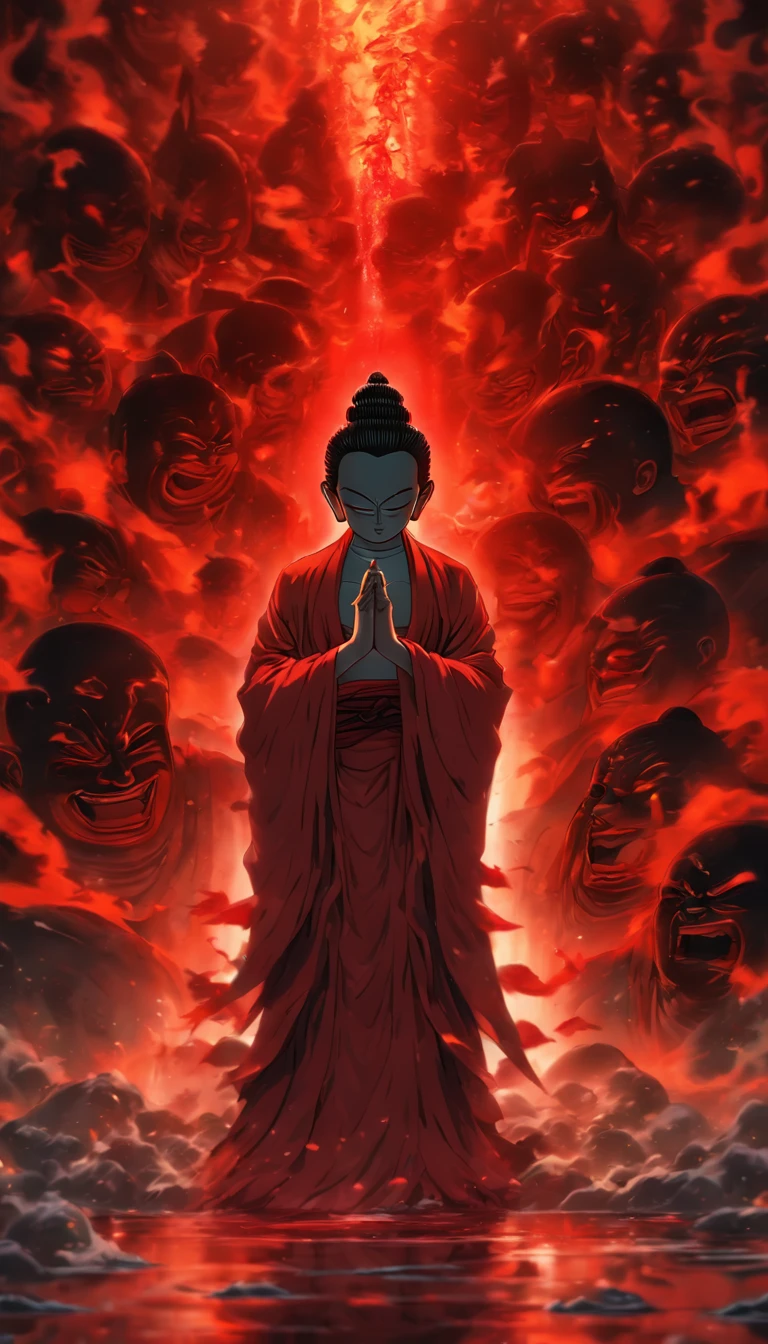 Blood red room, Flashing white TV screen, BUDDHA STATUE, cabelos preto e longos, with hair dishevelled, Cover one eye and face, Bright red eyes, Wearing a white transparent robe, Looming full breasts,liquor,Devil, reaching out her hands,Straighten your body, Red nails are exposed, Pinch the camera, hyper HD, Anatomically correct, Textured skin, Super detail, High details, High quality, A high resolution, 8K, hyper HD, Anatomically correct, Textured skin, Super detail, High details, High quality, Best quality, 8K,Leishnampo,Room 2,Horror