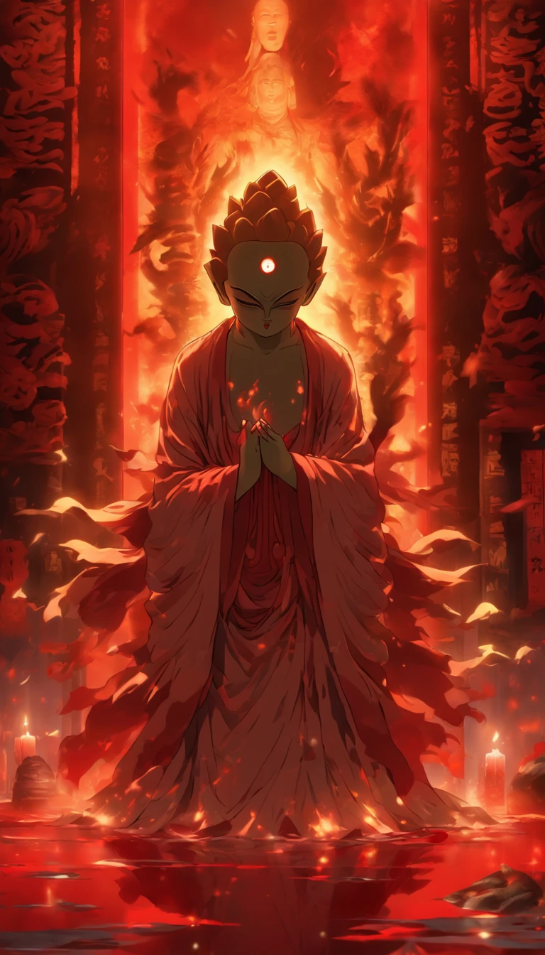 Blood red room, Flashing white TV screen, BUDDHA STATUE, cabelos preto e longos, with hair dishevelled, Cover one eye and face, Bright red eyes, Wearing a white transparent robe, Looming full breasts,liquor,Devil, reaching out her hands,Straighten your body, Red nails are exposed, Pinch the camera, hyper HD, Anatomically correct, Textured skin, Super detail, High details, High quality, A high resolution, 8K, hyper HD, Anatomically correct, Textured skin, Super detail, High details, High quality, Best quality, 8K,Leishnampo,Room 2,Horror