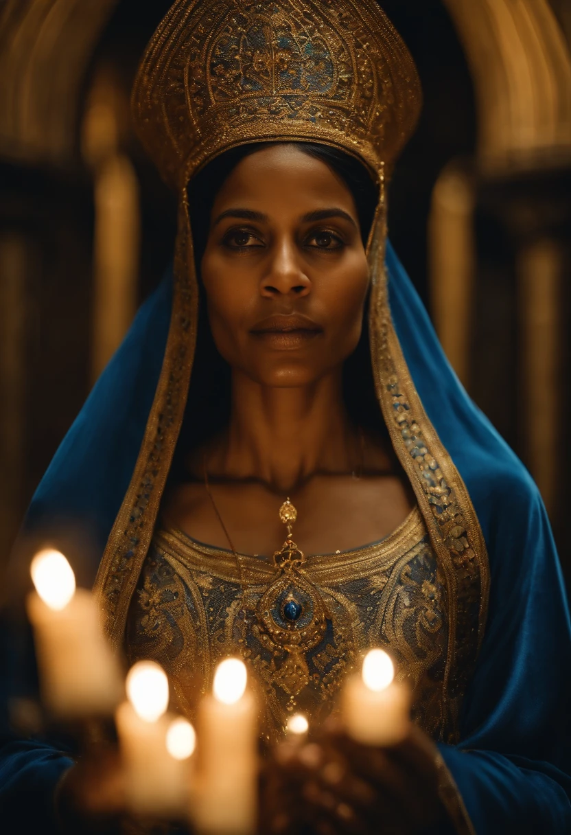 Retrato de Nossa Senhora Aparecida, Imagem de uma mulher religiosa negra, religiosa com manto azul e dourado, 4k