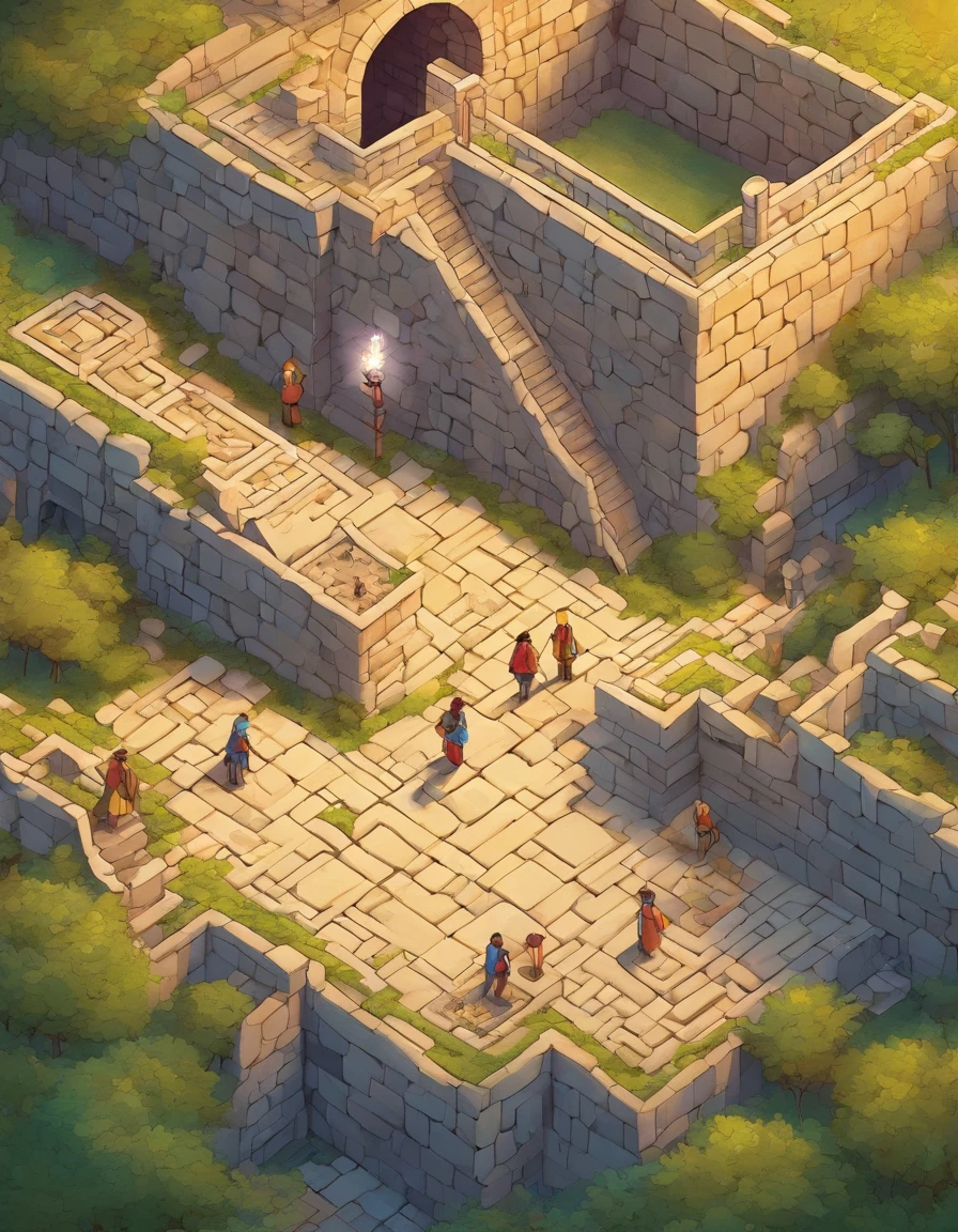 The group of people holding a map in their hands walked down the path in the stone wall maze, torches shining all around