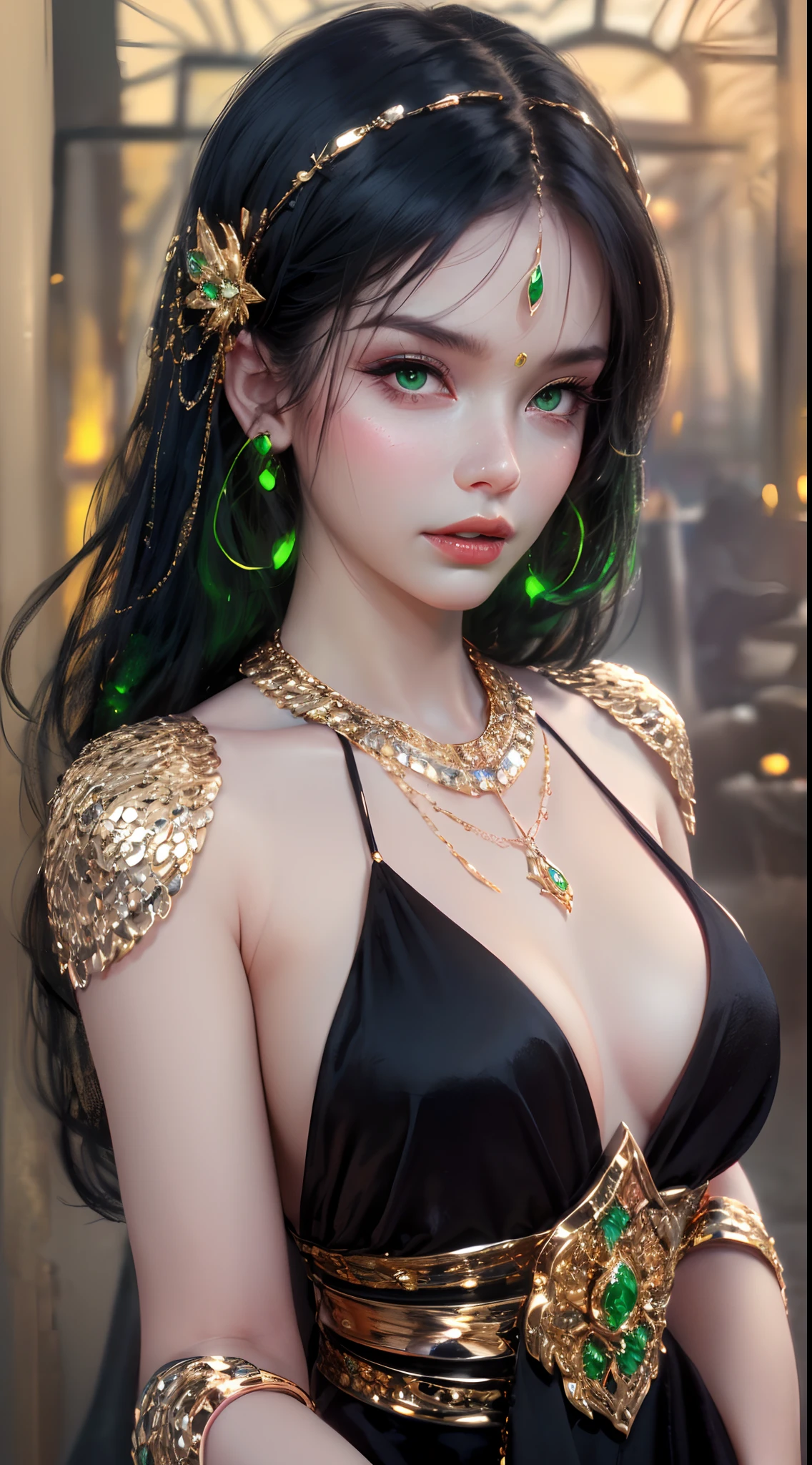 1 beautiful young princess, ((beautiful princess no longer a child:1.8)), ((wearing a black armored dress with gold trim in ancient hanfu style:1.6)), (((Exquisite patterns on the skirt:1.6))), ((braided hair with long black bangs: 1.6)), ((long bangs:1.6)), ((hair jewelry:1.9)), ((upper body gold jewelry:1.9)), ((Very delicate gold necklaces:1.7)), ((earrings with emeralds:0.8)), noble, noble style of an extremely beautiful girl, super cute little face, very pretty face, fur thin eyebrows, flawless beautiful face, ((black eye pupils: 0.8)), very beautiful eyes, ((green eyes eyes: 1.6)), beautiful makeup and detailed hairdo, eyelashes, eye makeup wet, high nose, earrings, red lips, ((closed mouth: 1;5 )) beautiful lips, slim hands, ((arms spread out to the sides: 1.7)), rosy face, clean face, flawless beautiful face, smooth white skin, firm breasts, nice cleavage, ((super big and round breasts: 1.6)), beautiful breasts, perfect body, ((Sit back and puff out your chest, arms behind you:1.6)), 8k photos, super high quality, super realistic, super 10x pixels, optical, bright studio, bright edges, two-tone lighting, (high detail skin:1.2), super 8k, soft lighting , high quality, volumetric light, optical, optical high resolution, light, best photo, 4k, 8k quality, blur effect, smooth sharpness, 10 x pixels, ((beach at night background:1.5)), aurora, lightning, super realistic graphics, most realistic graphics, alone, solo, Extremely sharp, surreal images, (((frontal portrait: 1.3)))."