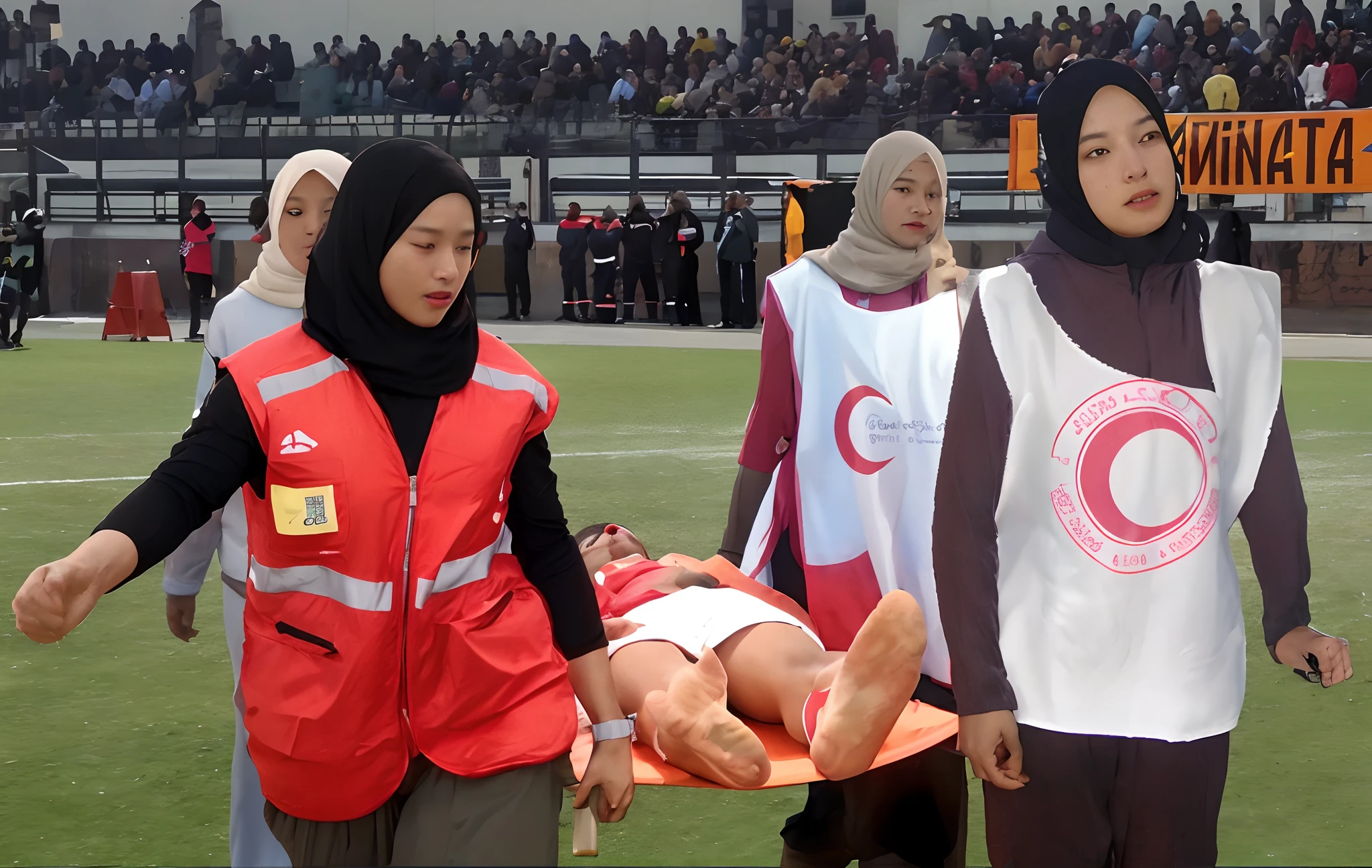 Four very worried looking chinese girls carry a stretcher between them, Two male legs and two soccer shoes look forward out of the tarpaulin, four very worried looking chinese girls carry a short-haired male footballer away from us with the help of a stretcher, on the stretcher lies an injured and unconscious male footballer with short hair and matte sports clothing, the matte t-shirt and the pain-distorted face of the injured athlete protrude over the upper part of the stretcher, Four very worried looking chinese girls transporting an injured male footballer on a stretcher, Four very worried looking chinese girlsn with shiny uniform-jackets are standing in a filled football stadium, Four very worried looking chinese girls are seen from behind in shiny jackets, Four very worried looking chinese girls are holding a stretcher in the middle of them, Four chinese girls are going along, The stretcher that they are carrying in the midle of them ranfrom us, in the stretcher lies an injured and unconscious male footballer with short hair and matt sports clothing, the matte t-shirt and the pain-distorted face of the injured athlete protrude over the upper part of the stretchern, Two male legs and two soccer shoes look forward out of the stretcher