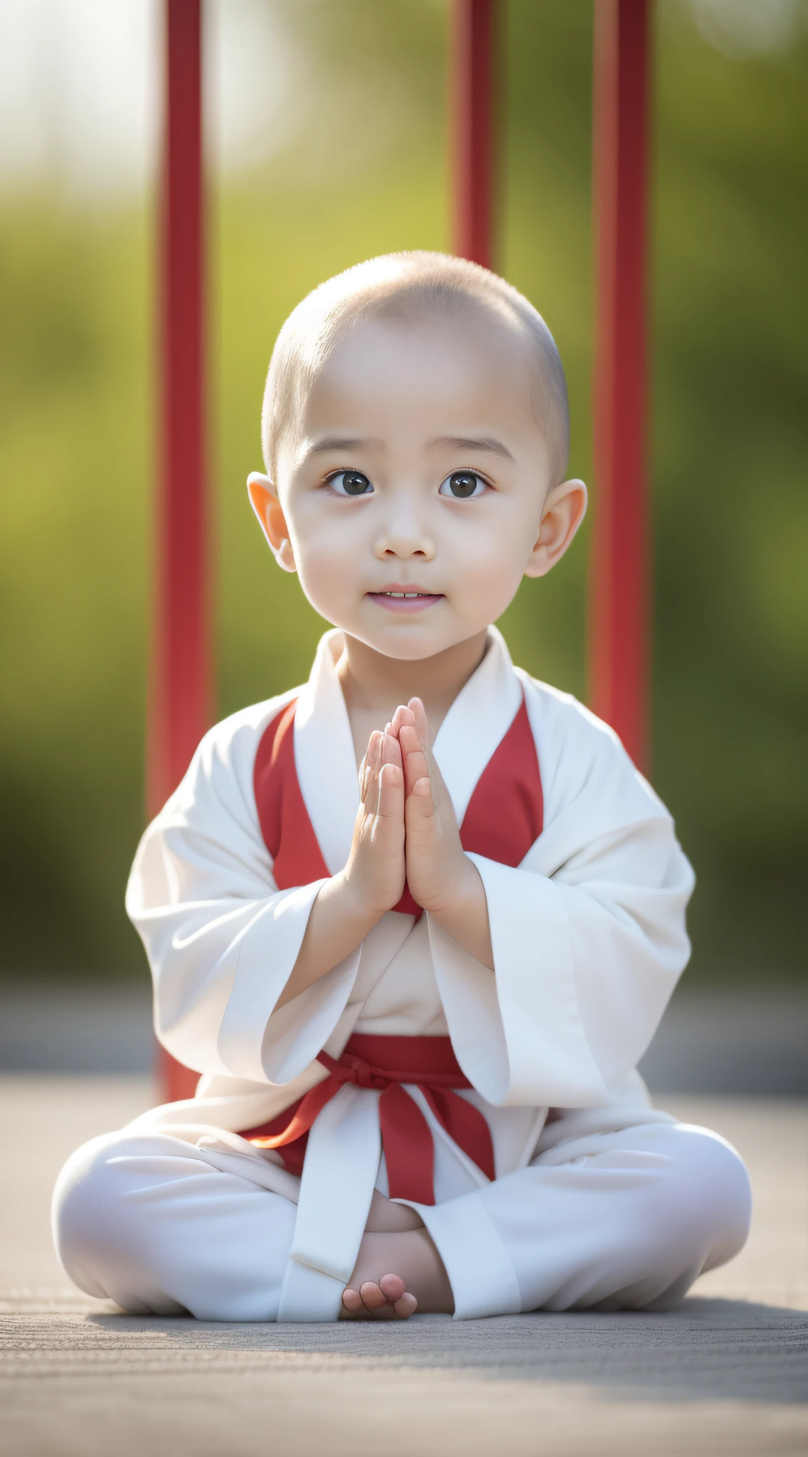 Close-up of a sitting on the ground in a red robe, he is greeting you warmly, dressed in simple robes, peaceful expression, prayer meditation, blessing hand, littlwearing nun outfit, peace, wearing white robes with!, very calm and wholesome, a serene smile, young wan angel, Serene expression, Buddhist, wearing white robes with, yanjun cheng,bald-headed
