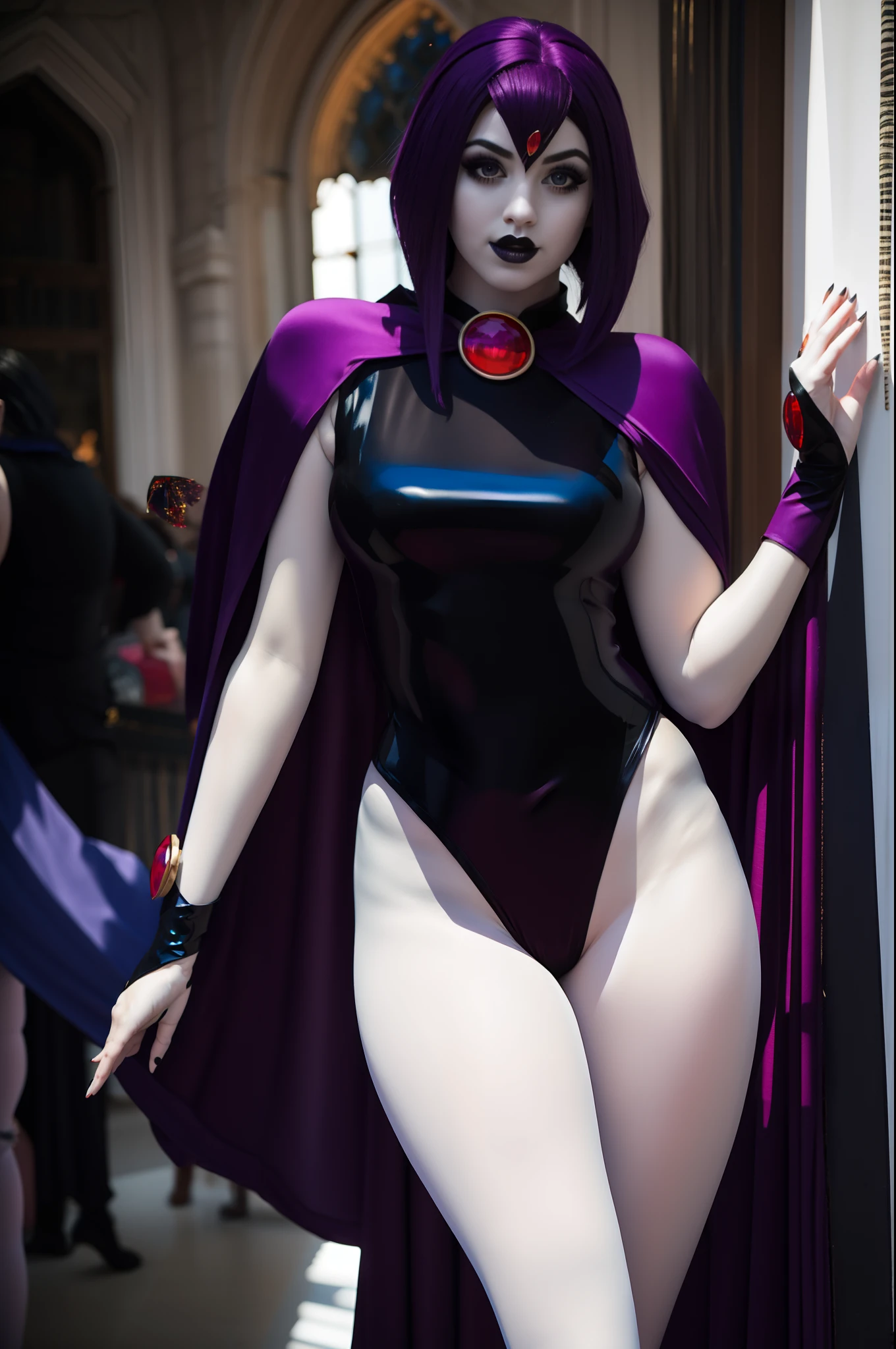 Masterpiece, professional artwork, famous artwork, gothgirl solo in raven cosplay , purple hair, white skin, leotard, full-body angle,  dark ambiance