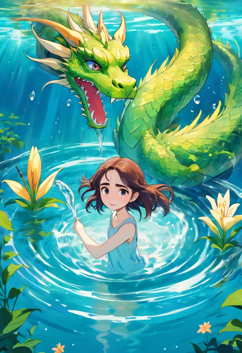 water element, large water dragon, young girl, ((lily collins))