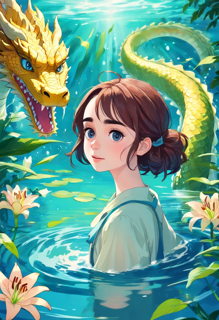 water element, large water dragon, young girl, ((lily collins))