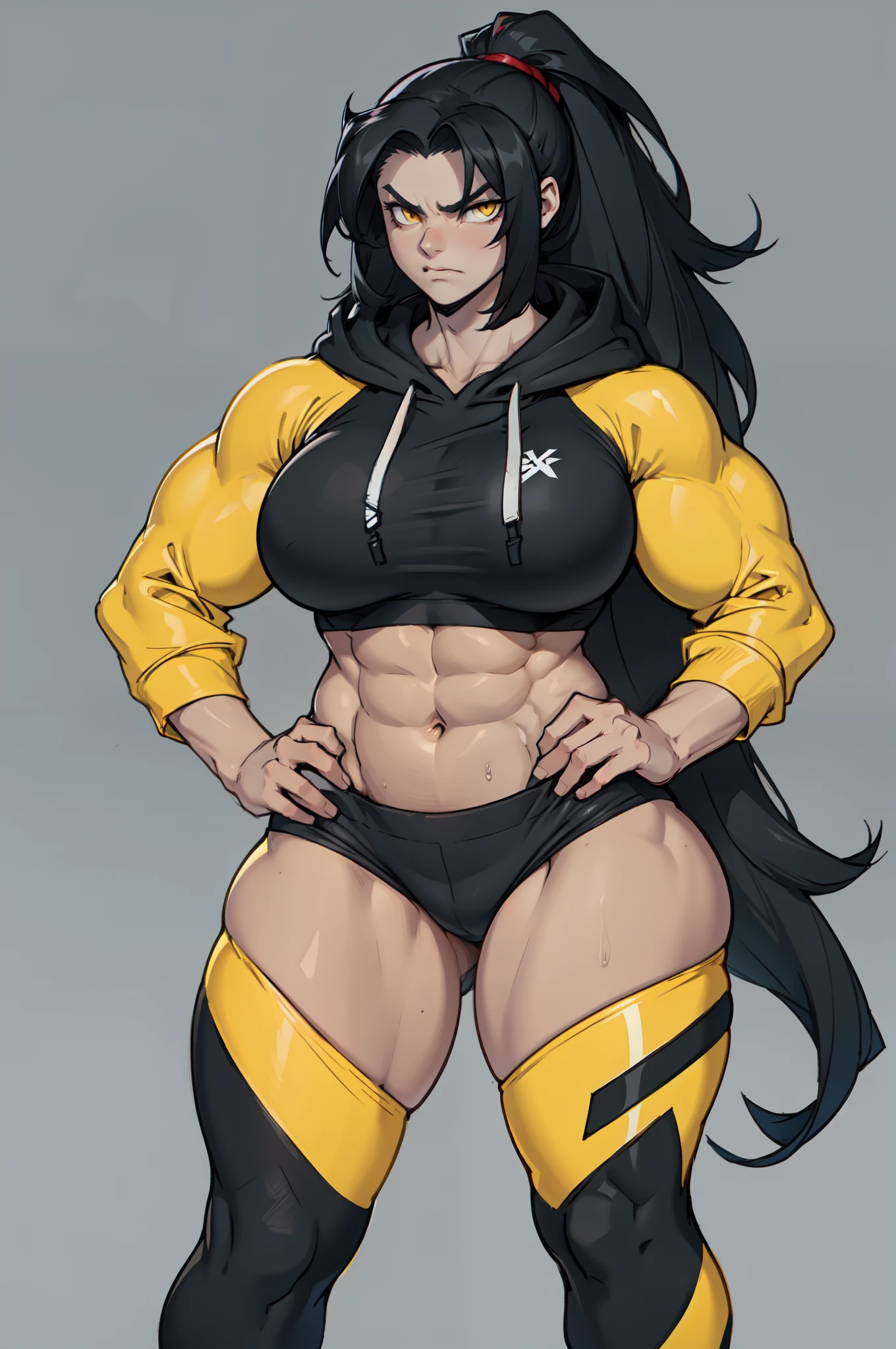 ((grey background)), solo, ((((1 girl)))), very long hair, black hair, angry, yellow eyes, (((((muscular))))), (huge tits), (thick thighs), (wide hips), pale skin, standing, slick hair, hoodie, leggings