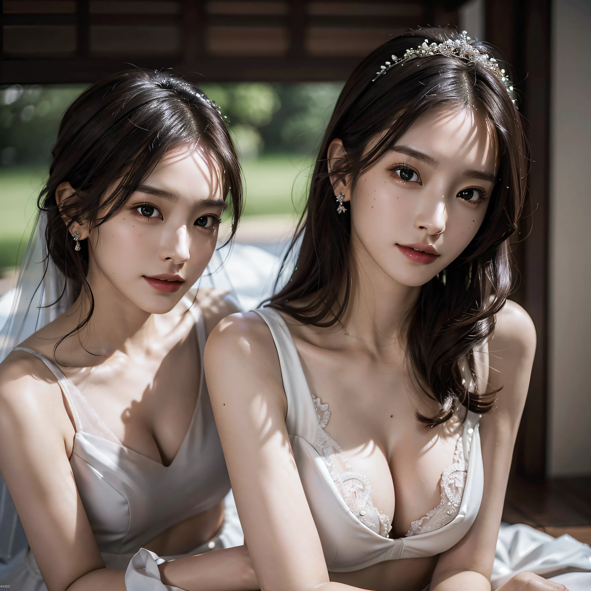 absurdres, RAW photo, extremely delicate and beautiful, masterpiece, Best Quality, ultra high resolution, 16k, hyperrealistic, ultra-detailed, Very detailed CG 8k wallpaper, Beautiful Lighting, Perfect Lightning, Realistic Shadows, perfect anatomy, super Detailed skin, perfect figure, Japanese woman, late 20s, very Slim body, narrow waist, very small head, handsome detailed woman, very detailed eyes and face, realistic face proportions, Stunning detailed eyes, Realistic beautiful face, very small face, Realistic small beautiful eyes, tearful mole, mole on chest, earring, bare legs, beautiful and very thin legs, beautiful and very thin thighs, (((very huge round breasts))), (full body shot), (short hair), wavy hair, (((wedding dress))), (midriff peek), (sleeveless), (yuri), (((2 girls))),
