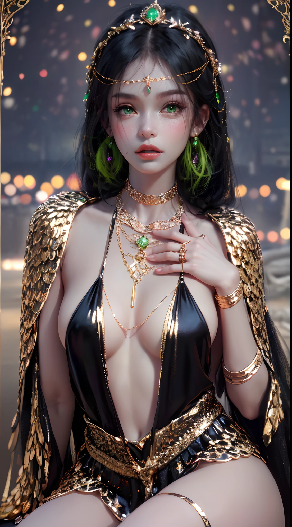 1 beautiful young princess, ((beautiful princess no longer a :1.8)), ((wearing a black armored dress with gold trim in ancient hanfu style:1.6)), (((Exquisite patterns on the skirt:1.6))), ((braided hair with long black bangs: 1.6)), ((long bangs:1.6)), ((hair jewelry:1.9)), ((upper body gold jewelry:1.9)), ((Very delicate gold necklaces:1.7)), ((earrings with emeralds:0.8)), noble, noble style of an extremely beautiful girl, super cute little face, very pretty face, fur thin eyebrows, flawless beautiful face, ((black eye pupils: 0.8)), very beautiful eyes, ((green eyes eyes: 1.6)), beautiful makeup and detailed hairdo, eyelashes, eye makeup wet, high nose, earrings, red lips, ((closed mouth: 1;5 )) beautiful lips, slim hands, ((arms spread out to the sides: 1.7)), rosy face, clean face, flawless beautiful face, smooth white skin, firm breasts, nice cleavage, ((super big and round breasts: 1.6)), beautiful breasts, perfect body, ((Sit back and puff out your chest, arms behind you:1.6)), 8k photos, super high quality, super realistic, super 10x pixels, optical, bright studio, bright edges, two-tone lighting, (high detail skin:1.2), super 8k, soft lighting , high quality, volumetric light, optical, optical high resolution, light, best photo, 4k, 8k quality, blur effect, smooth sharpness, 10 x pixels, ((beach at night background:1.5)), aurora, lightning, super realistic graphics, most realistic graphics, alone, solo, Extremely sharp, surreal images, (((frontal portrait: 1.3)))."