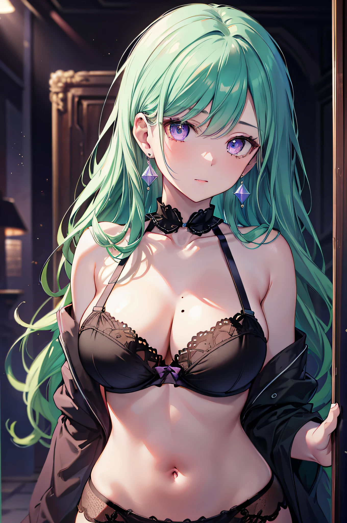Masterpiece, Best Quality, High Resolution, Ultra High Resolution, Depth Of Field, yakumodd, Long hair, green hair, violet eyes, crystal earrings, earrings, mole in breast, Big Tits, cleavage, Black bra, black thong, Navel,High contrast, (The best lighting, Very delicate and beautiful), ((Cinematic Light))