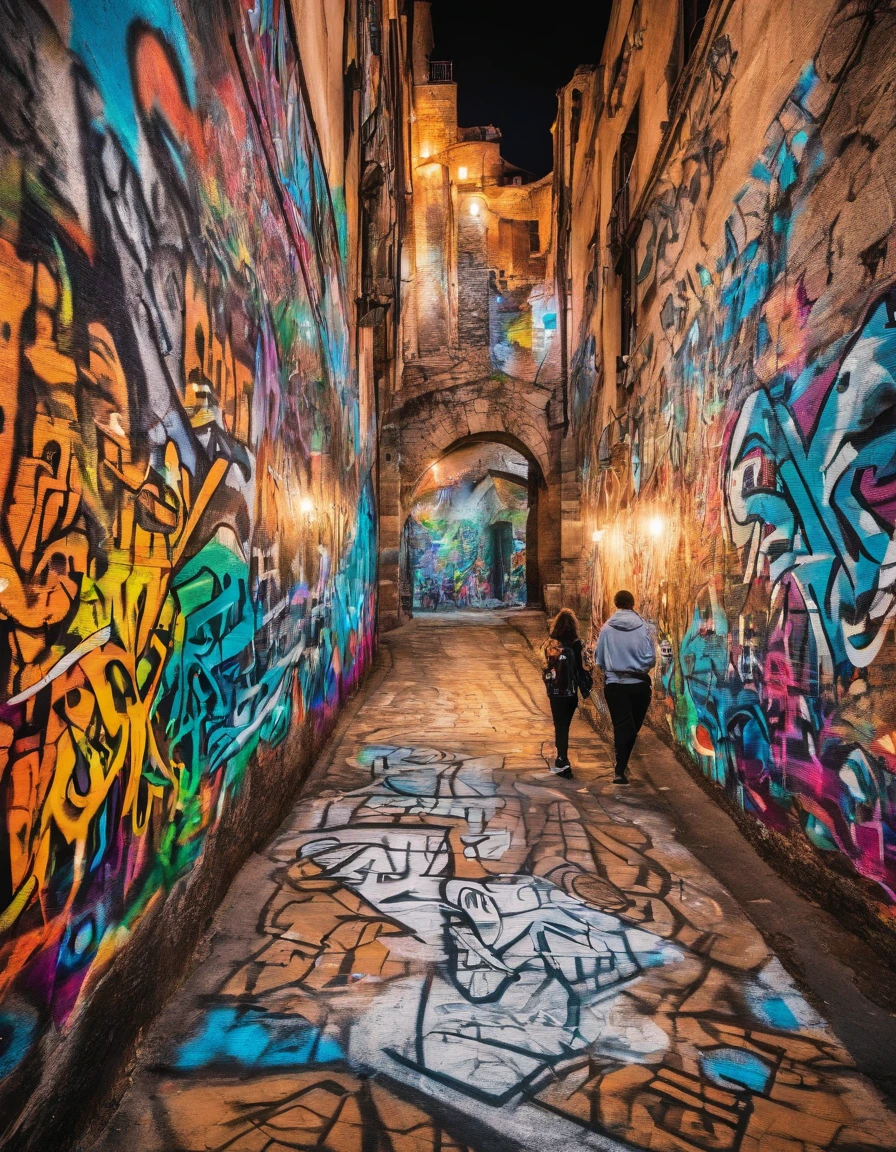 The group of people holding a map in their hands walked down the path in the stone wall maze, torches shining all around