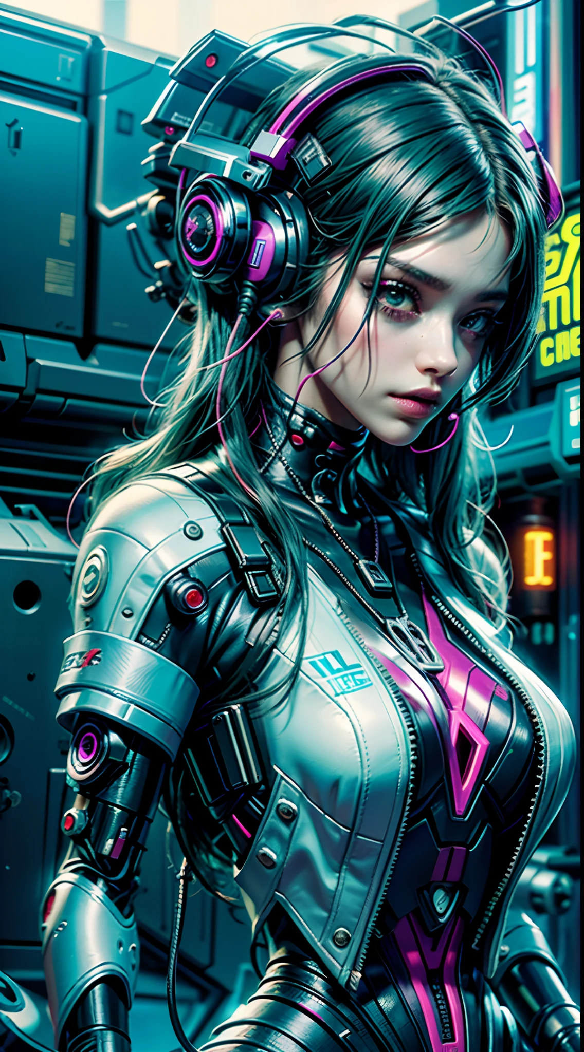 Cybernetic woman in a futuristic suit with headphones and bright lights, cyberpunk sonhadora, cyberpunk meninaa, advanced digital cyberpunk art, arte digital do anime cyberpunk, cyberpunk digital - arte de anime, menina de anberpunk feminino, menina ciborgue, ede arte cyberpunk, cyberpunk themed art, garota anime cyberpunk, menina bonita ciborgue, cyberpunk, Cyberpunk 2 0 e. o modelo menina