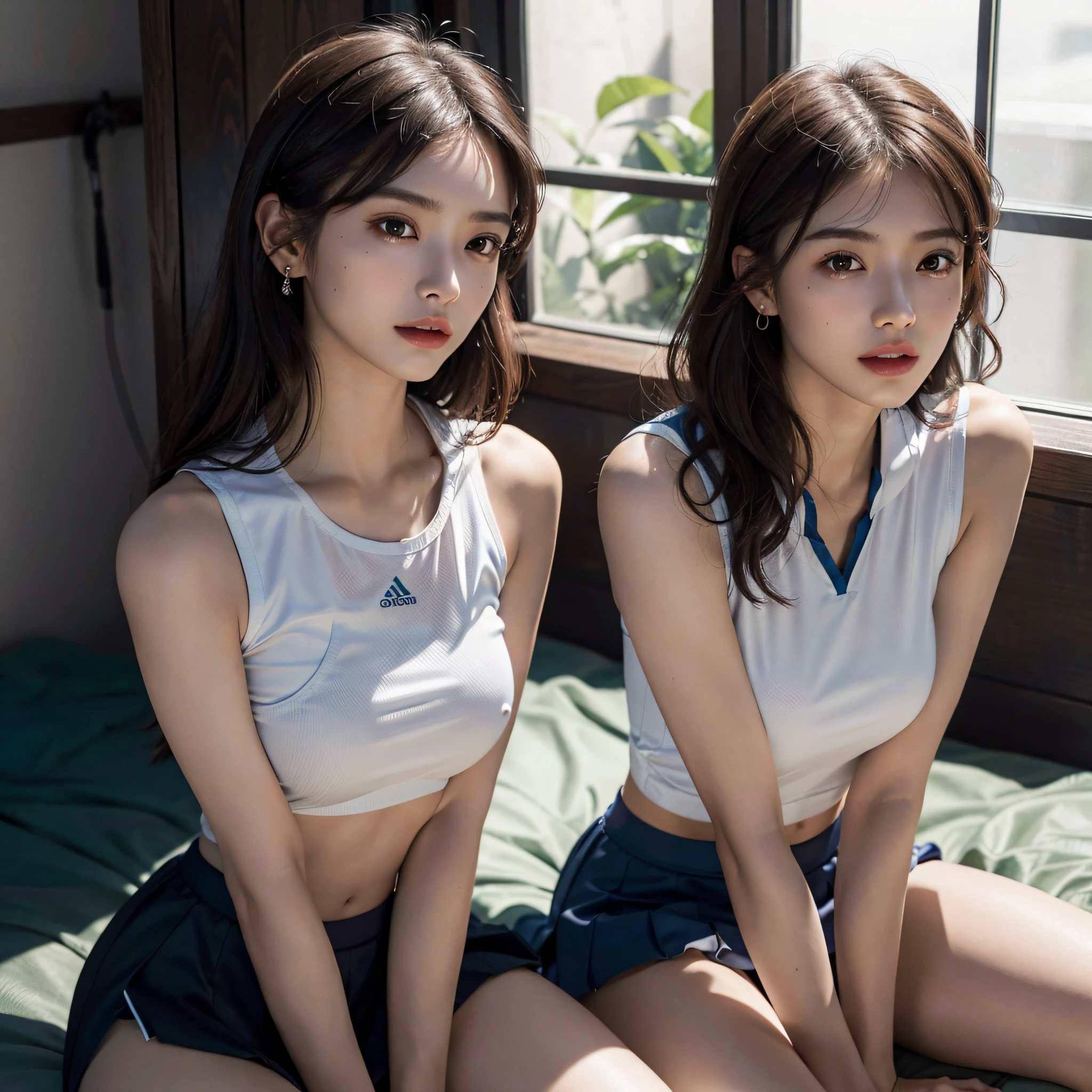 (masterpiece), (highest quality),ultra high resolution, caustics, get used to it, Beautiful get used to it FACE,perfect anatomy,cowboy shot,solo 14 year old beauty、日BookのBookを読む人、black hair,short bob hair,black eye,slender body,ideal body proportions,medium breasts,tanned skin,glowing skin,oily skin,shiny skin,squat,ponytail,((latex、tennis uniform、white polo shirt、white pleated mini skirt)),tennis racket1Book、正しく描かれたtennis racket:1.12、outdoor、Tennis court、,full body image((beautiful pussy line:1.59)),,(((Mr... Mr.. Mr. A is very cute and has a childish face...:1.15))), 、(very young:1.9),(Visible pussy line:1.9),(((cleavage:1.8))),(((very small and flat chest:1.7)))