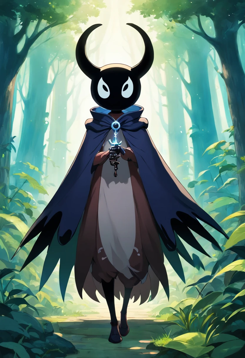 personagem masculino para o jogo 2d estilo hollow knight, cabelo preto com detalhes roxos, olhos roxos brilhantes, pele clara com marcas sombrias, Cabo feito de energia escura, wears a costume that mixes elements of hunting and shadow magic, luvas escuras e botas de couro . imagem corpo inteiro