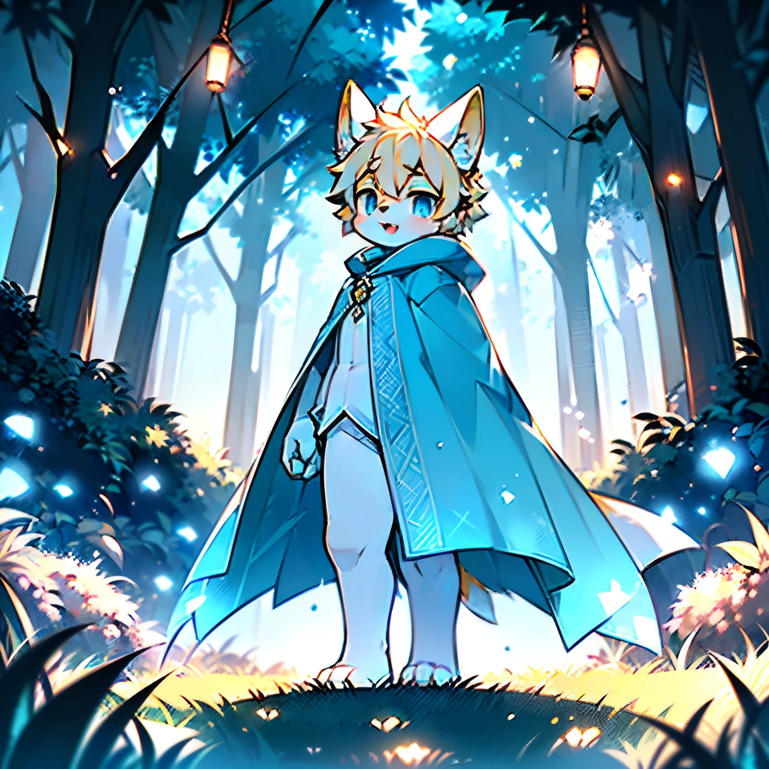 Anthropomorphic standing furry little wolf,adolable, Light:Extreme light and shadow,(anthr(Full Body Furry,Head bust close-up, Light yellow hair,Large pale yellow ears,Big blue eyes,The mouth is slightly larger,White fur,Reddish skin ,Sky blue eyes, Light yellow hair:1.2), (long canines、Thick blue cloak,White fur trims:1.2),(the night、lawns)) ,((Deep in the dark forest at night,glowworm,独奏,solo person)),((the detail)),(depth of fields),(Sell moe),(standing on your feet))