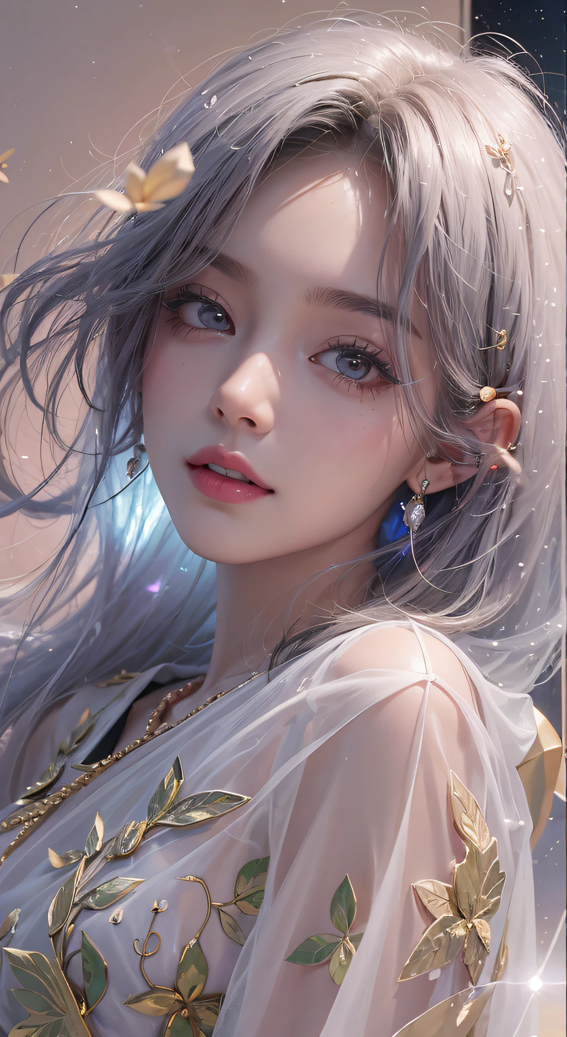 1girll,(enchanced quality:1.4),(Top quality true texture skin), Delicate face,Black hair, Gradient hair, Petite body,(perfect bodies:1.1), There are precious stones on the forehead, rimless eyewears, Sparkling pupils,long eyelasher,grin, hyper photorealism, Cinematic lighting, projected inset, surrealism, hyper HD, Masterpiece, 16k,Lie down,dream on,Wear transparent silk pajamas,Carmelto,Legs slightly open,Tattooed with,Fantasy space,Luxurious space