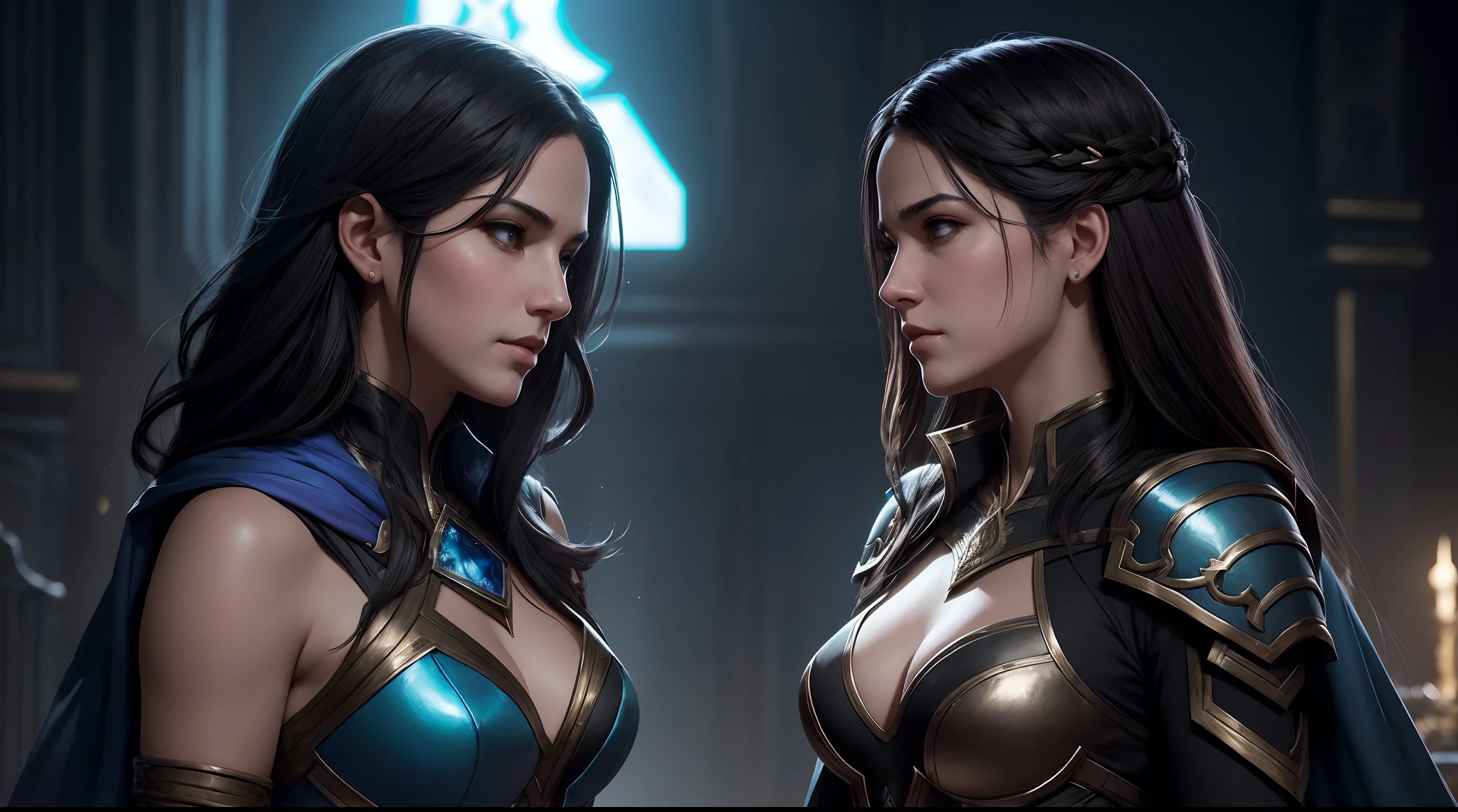 Un tapete de juego de un primer plano de Chandra Naalar del juego Magic el encuentro luchando contra Liliana Vess del juego magic el encuentro, Medio de cerca - arriba ( Mcu ), 8K Artgerm Bokeh, Wojtek FUS, Modelo IG | Artgerm, Ross Tran 8 K, Por Ruan Jia y Stanley Artgerm, por Jason Chan, Kinematic. por leng jun, por Yang J, Yanjun Chengt