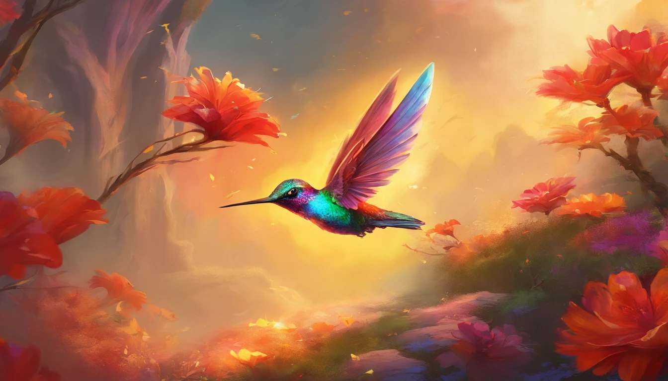 best quality, Altas:1.2, ultra-detalhado, cores vibrantes, Penas detalhadas, asas detalhadas, Realistic 8K rendering of a hummingbird, Flores bonitas no fundo, arte profissional, master part:1.3, estilo de arte: surreal, soft lighting, tons de cores quentes
