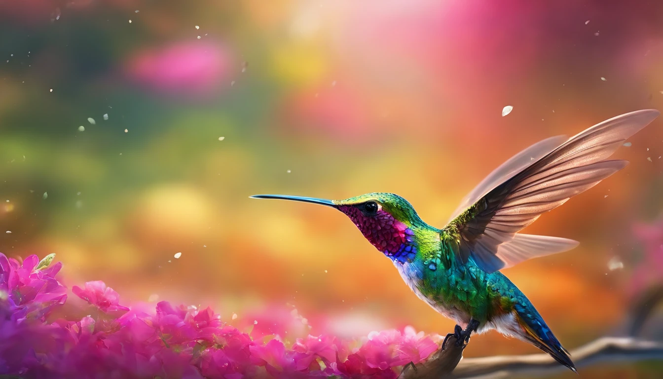best quality, Altas:1.2, ultra-detalhado, cores vibrantes, Penas detalhadas, asas detalhadas, Realistic 8K rendering of a hummingbird, Flores bonitas no fundo, arte profissional, master part:1.3, estilo de arte: surreal, soft lighting, tons de cores quentes