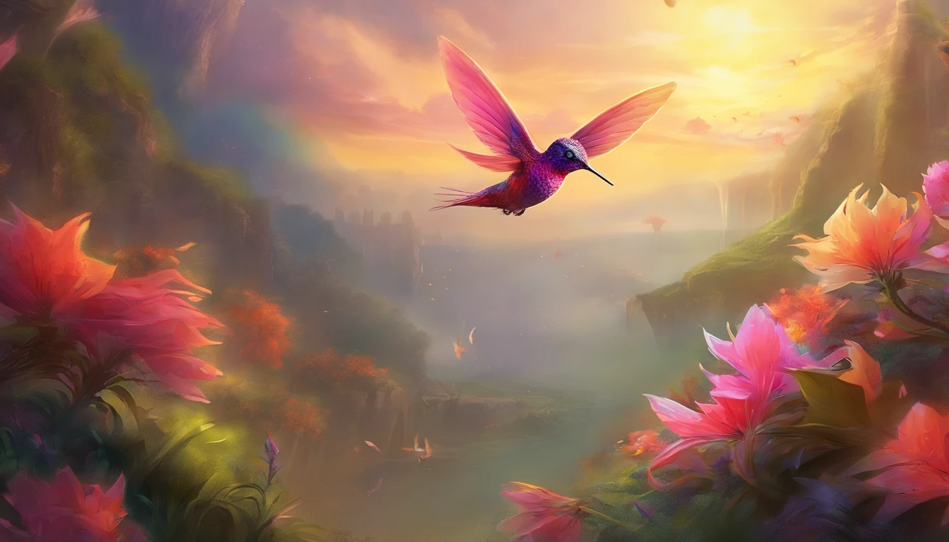 best quality, Altas:1.2, ultra-detalhado, cores vibrantes, Penas detalhadas, asas detalhadas, Realistic 8K rendering of a hummingbird, Flores bonitas no fundo, arte profissional, master part:1.3, estilo de arte: surreal, soft lighting, tons de cores quentes