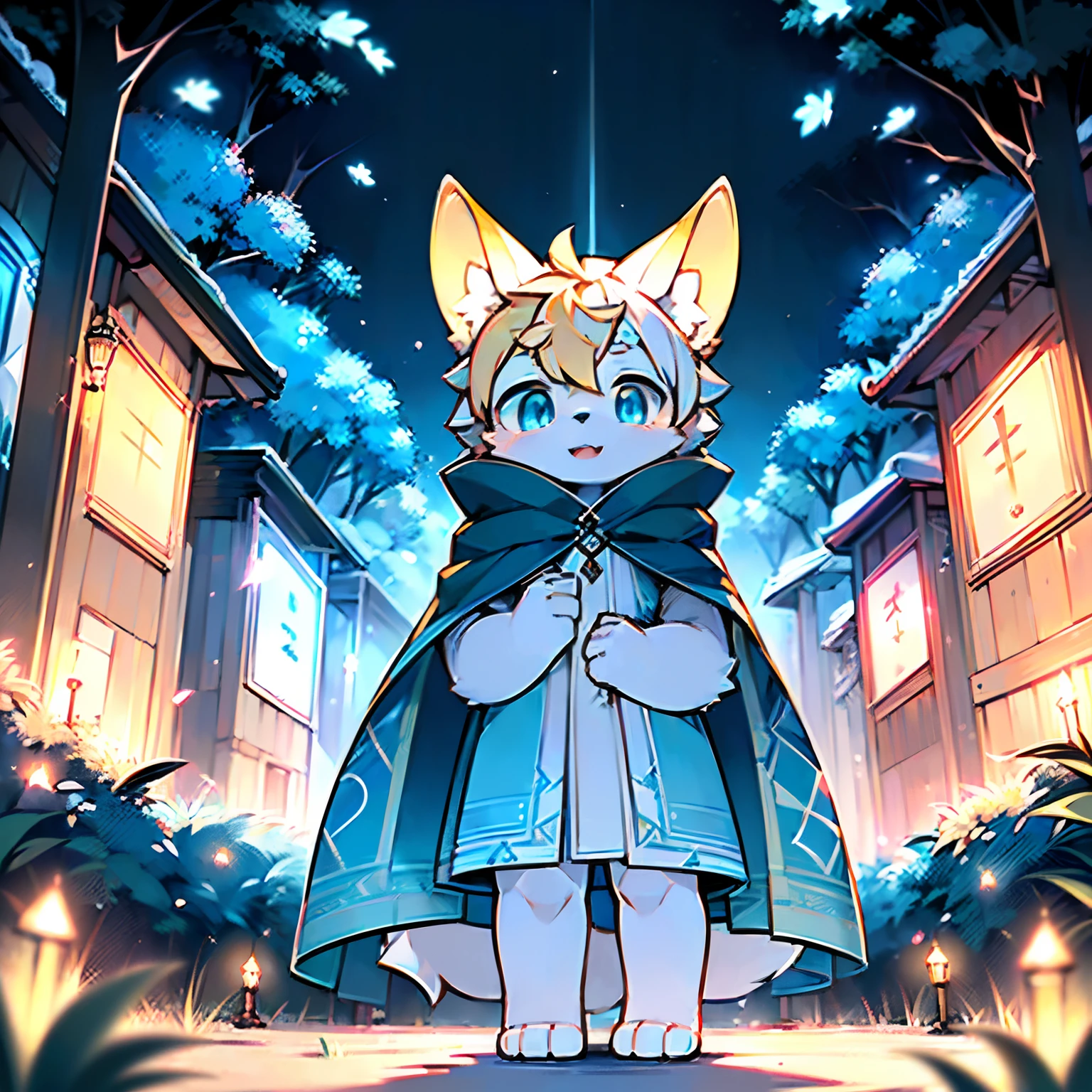 Anthropomorphic standing furry little wolf,adolable, Light:Extreme light and shadow,(anthr(Full Body Furry,Head bust close-up, Light yellow hair,Large pale yellow ears,Big blue eyes,The mouth is slightly larger,White fur,Reddish skin ,Sky blue eyes, Light yellow hair:1.2), (long canines、Thick blue cloak,White fur trims:1.2),(the night、lawns)) ,((Deep in the dark forest at night,glowworm,独奏,solo person)),((the detail)),(depth of fields),(Sell moe),(standing on your feet))