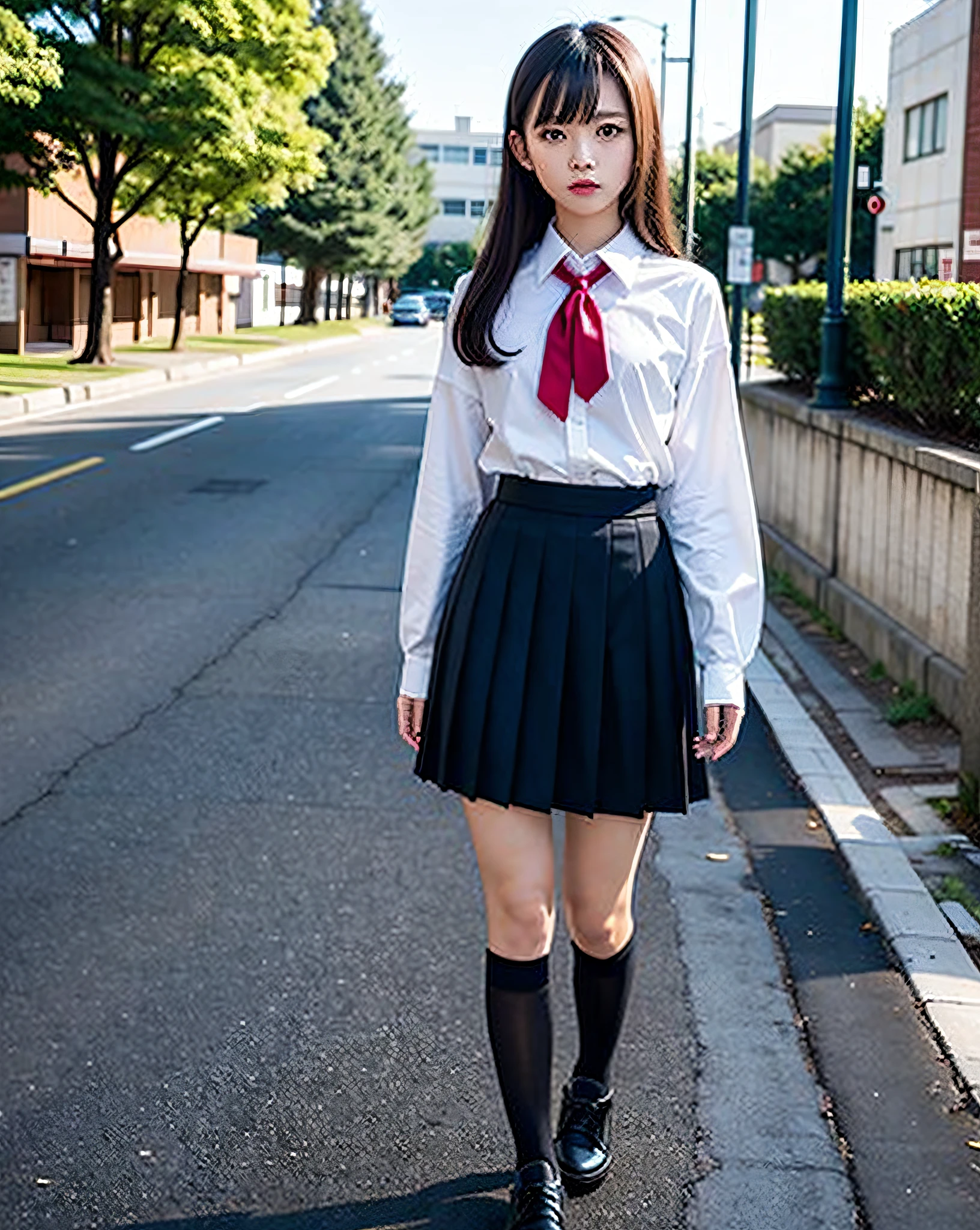 top-quality,ultra-detailliert,masterpiece,realisitic,Photo Real,Bright lighting,a beautiful japanese female age named Hino, wearing a black tight school uniform, short skirt, walking in the street, full body in frame.