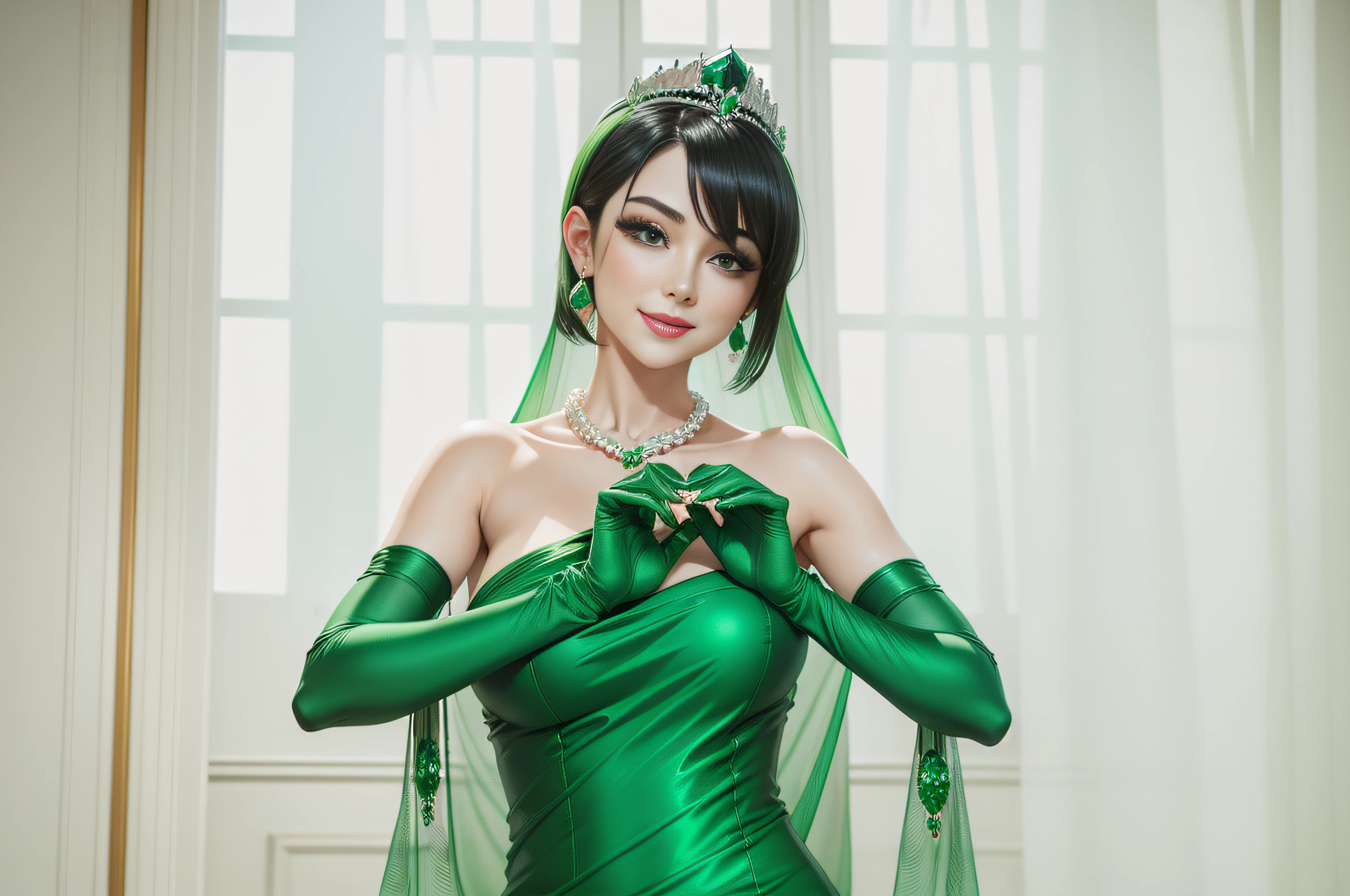 bride,Sense of atmosphere, best qualtiy,tmasterpiece,1girll,30-years old,Green dress,chies,full body Esbian, Green gloves,With short black hair,Pearl Necklace, Pearl Choker, big breasts beautiful,looking at viewert,ssmile,Green Bridal Veil,Green Long Grove,Satin green long gloves, lipsticks, Green Pearl Necklace, Short black hair, Pearl and emerald necklace, emerald tiara, Pearl Necklace