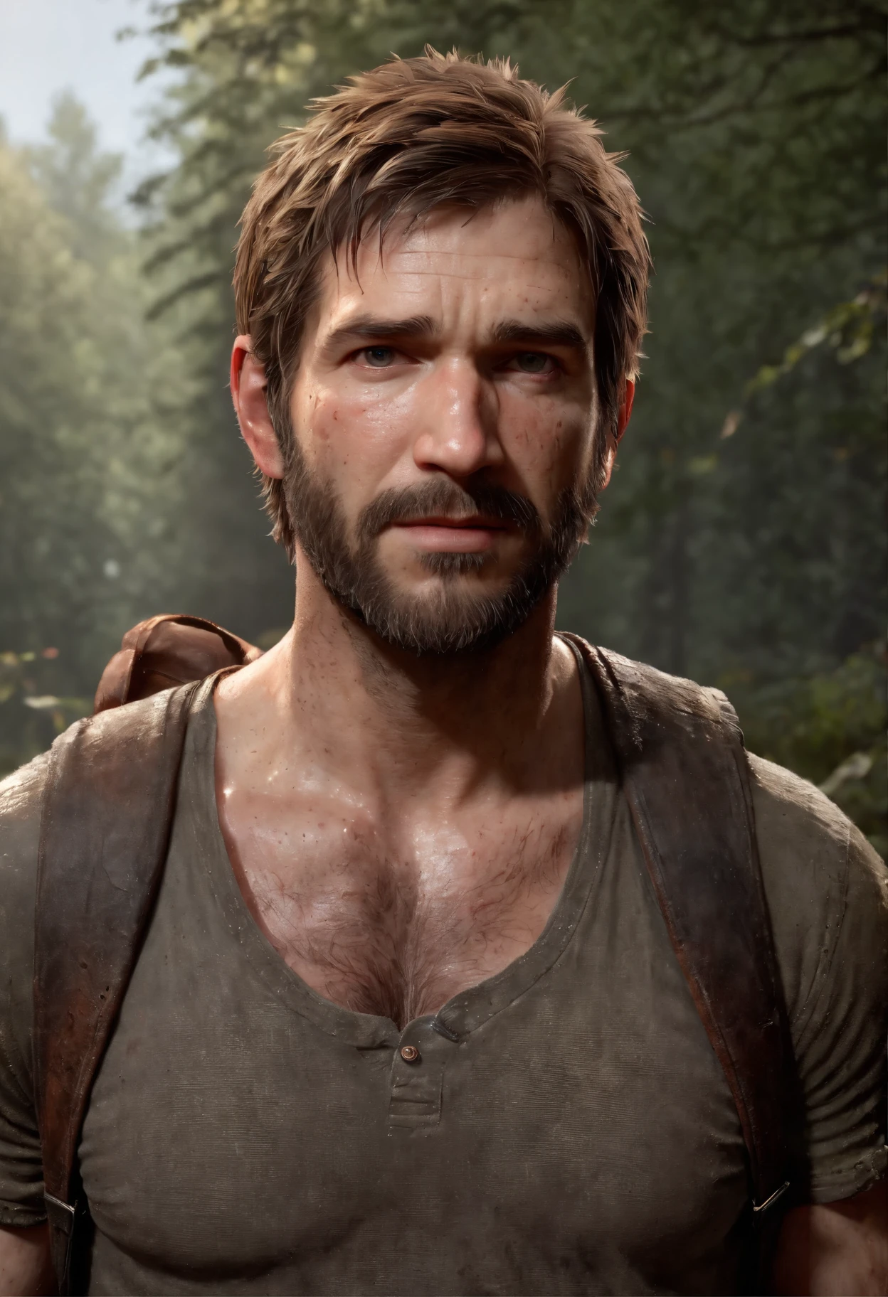 40s year old Joel Miller, (half body shot), (low angle camera shot), (exposed big hairy chest:1.4), unzipped brown jacket exposing his big pecs and abs and hairy chest, looking at viewer, beard, raunchy, dirty, Joel miller from the last of us, (extremely accurate and detailed facial features fo Joel miller from the last of us:1.9), (muscular, big pecs, wide shoulder:1.2)
