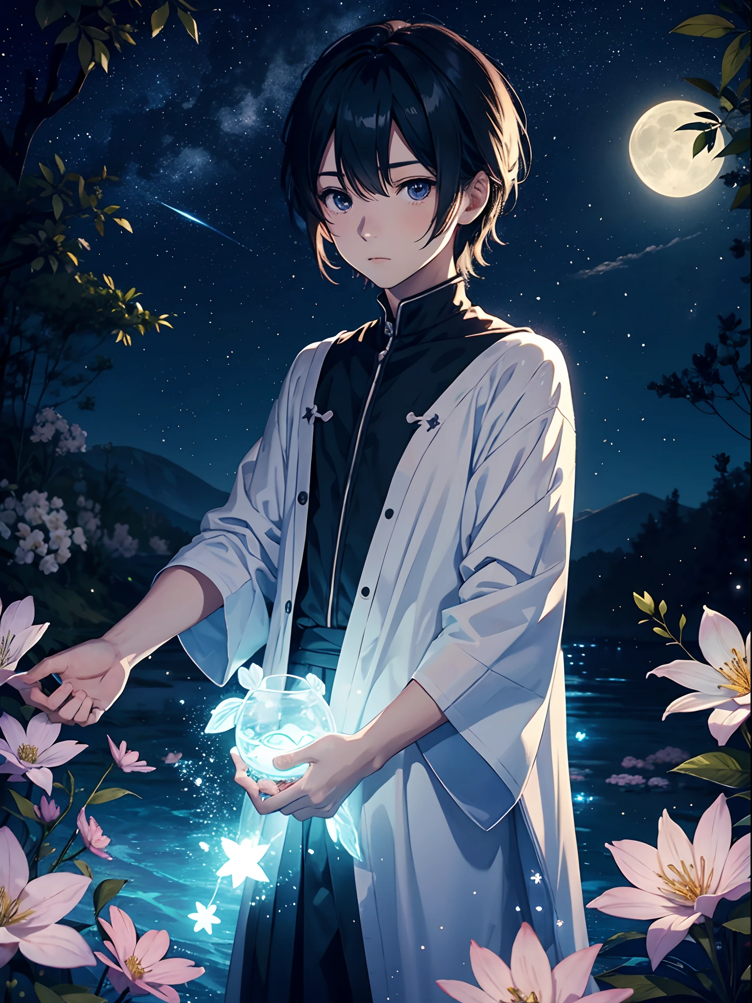 anime guy, Stars, luna, clear water, Luminescent flowers