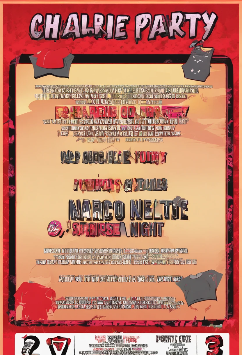 Create an event invitation flyer with Red, black, and grey colors with the following instructions: Title - Charlie & Roa's Narco Party Night - Dress code: Narco outfit