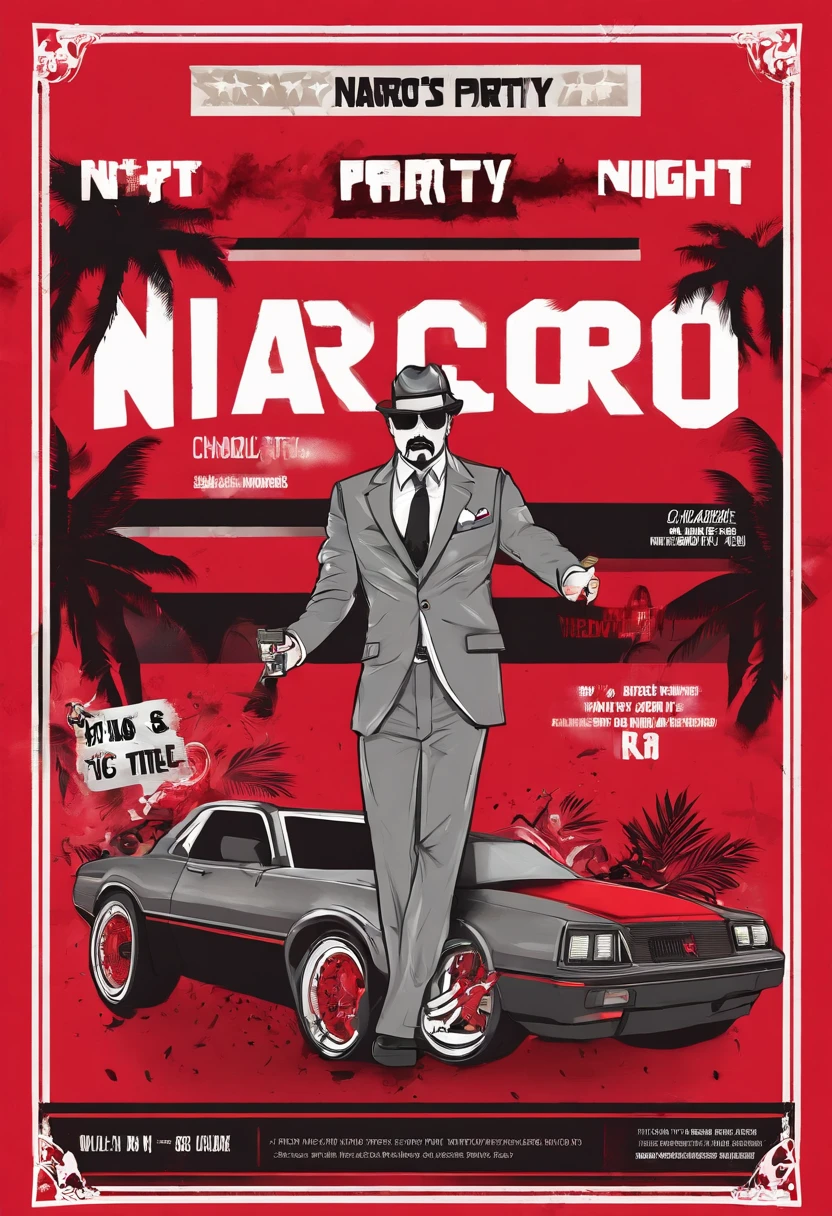 Create an event invitation flyer with Red, black, and grey colors with the following instructions: Title - Charlie & Roa's Narco Party Night - Dress code: Narco outfit