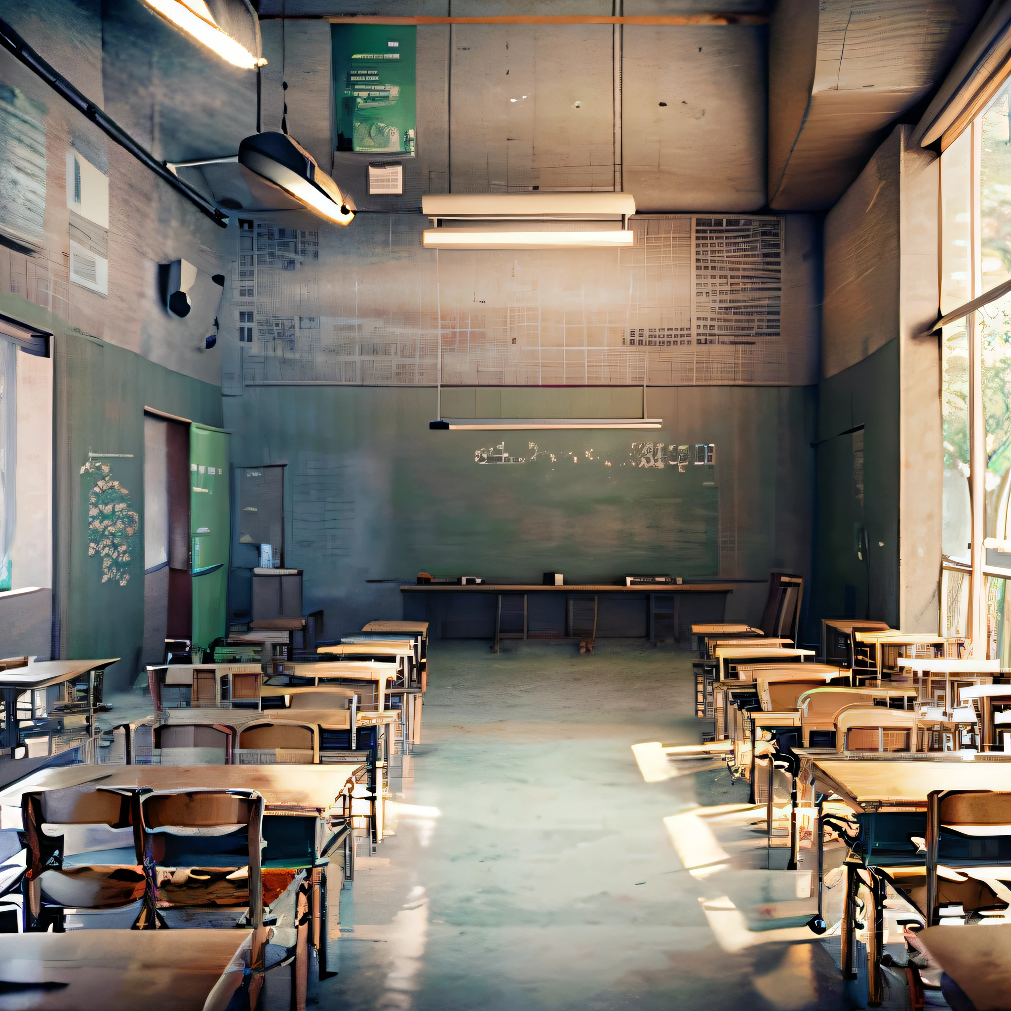 Empty classrooms，There is a blackboard、tables and chairs。