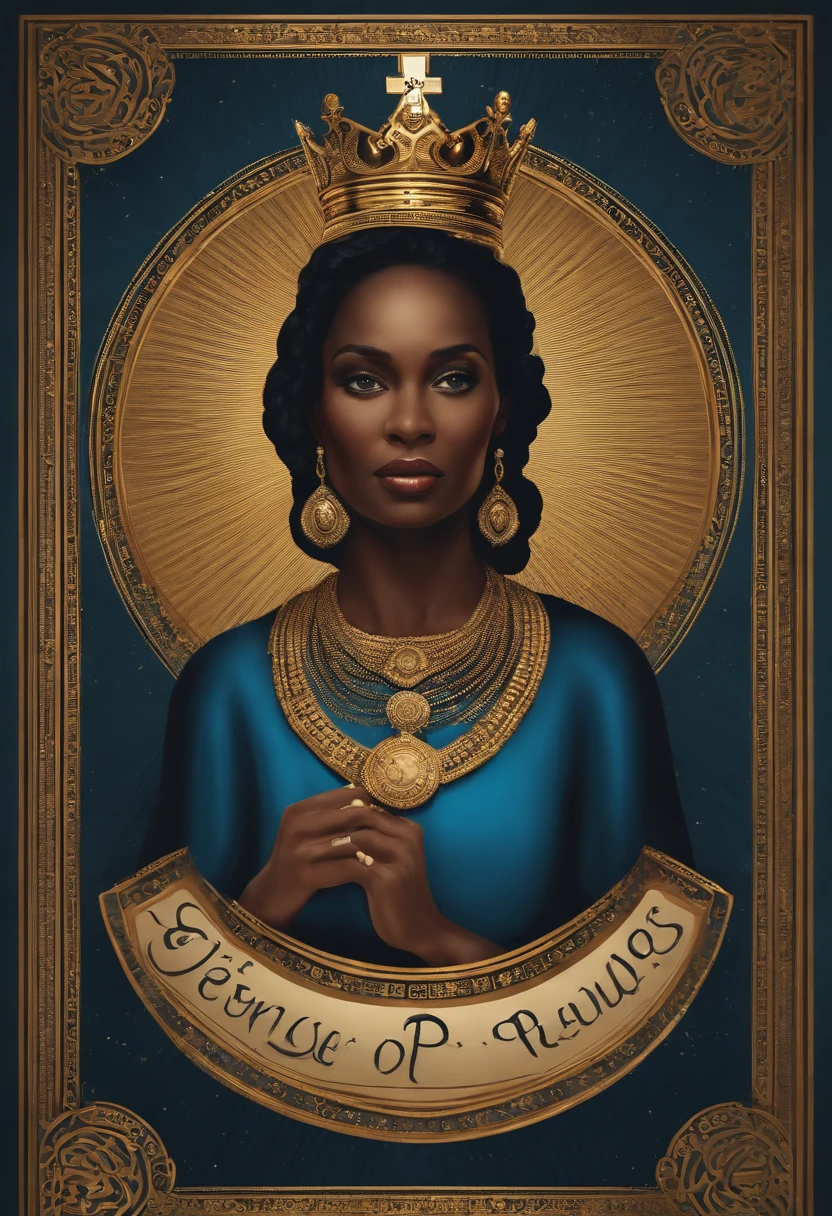 Mulher negra, mulher negra de 33 anos, mulher com manto azul escuro, mulher religiosa, manto azul escuro e dourado, with crown on the head, Rosary of Prayer on the Neck, Cross on neck, corpo inteiro, circulo vetorizado dourado, circulo perfeito, circulo central na imagem, circulo [perfeito], circle with 360° angle