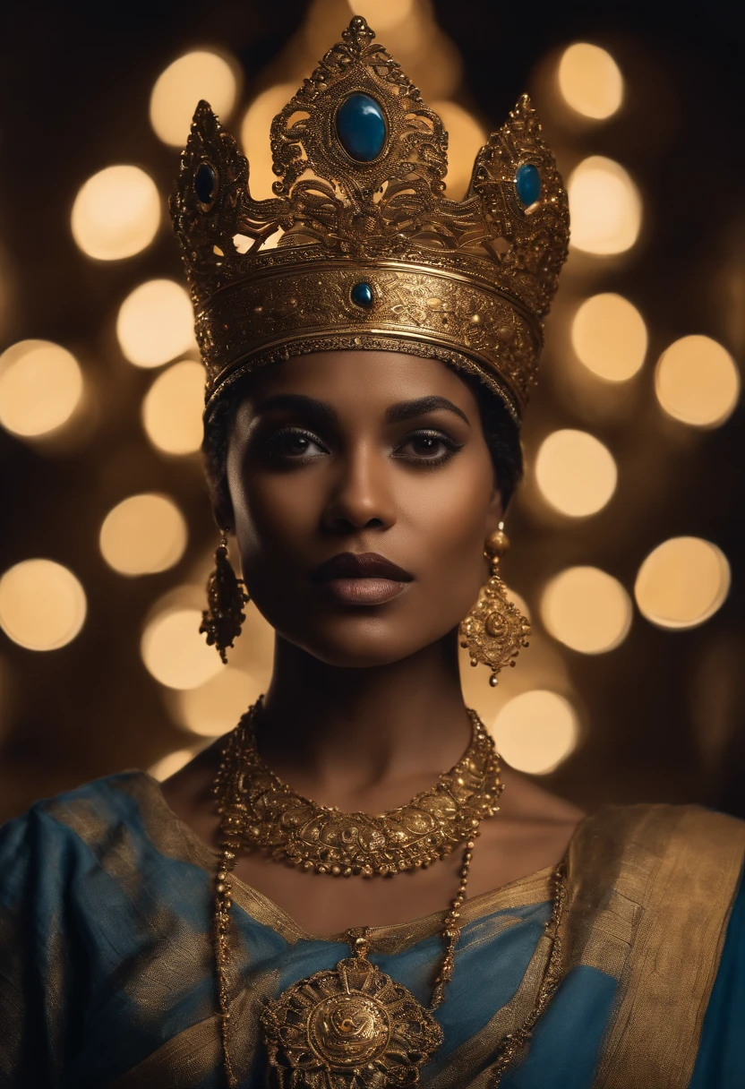 Mulher negra, mulher negra de 33 anos, mulher com manto azul escuro, mulher religiosa, manto azul escuro e dourado, with crown on the head, Rosary of Prayer on the Neck, Cross on neck, corpo inteiro, circulo vetorizado dourado, circulo perfeito, circulo central na imagem, circulo [perfeito], circle with 360° angle