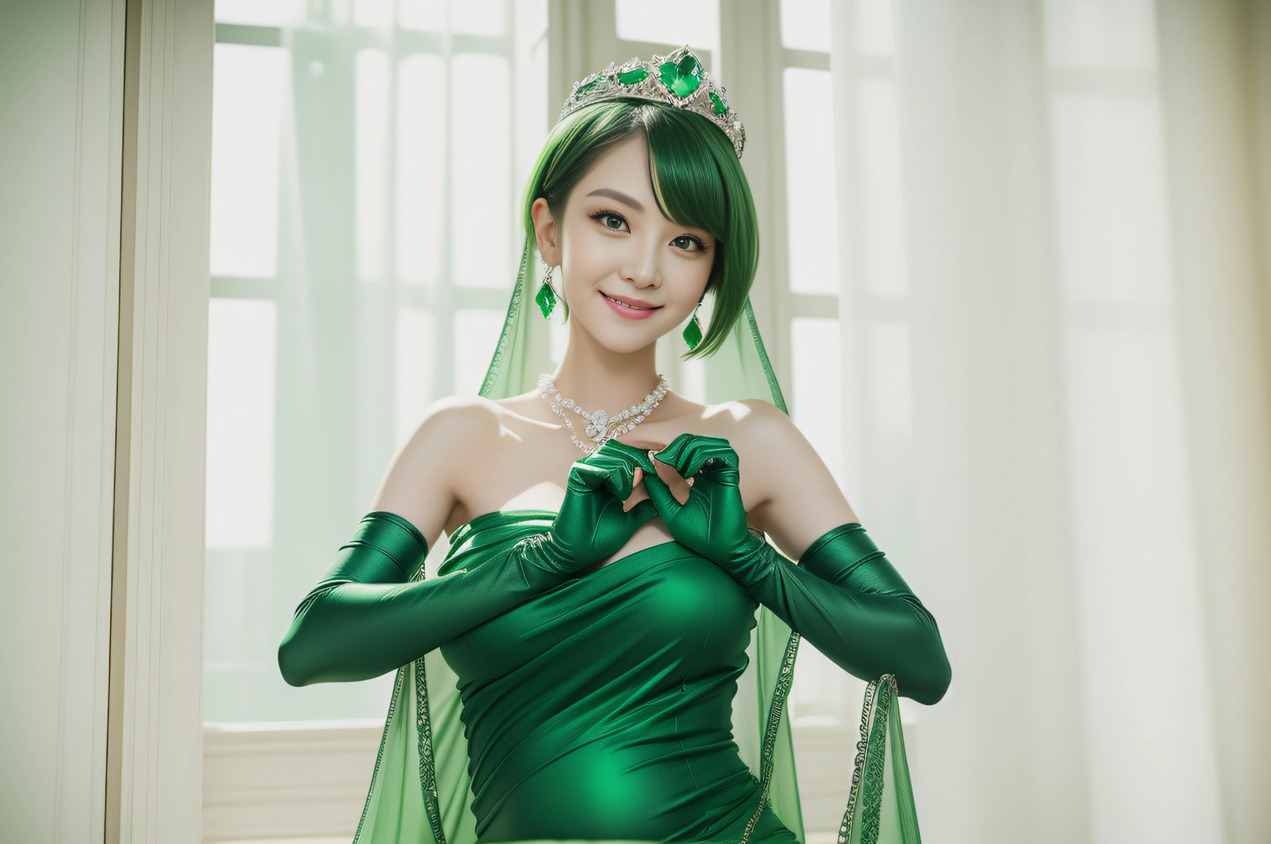 emerald tiara, Green Pearl Necklace, Boyish very short green hair, lipsticks, Japan woman smiling, very short short hair, big breasts beautiful, Green eyes, Long green gloves made of satin material, Green eyes, Emerald Earrings, Green dress, Pregnancy, Pregnant Woman, The tattoo