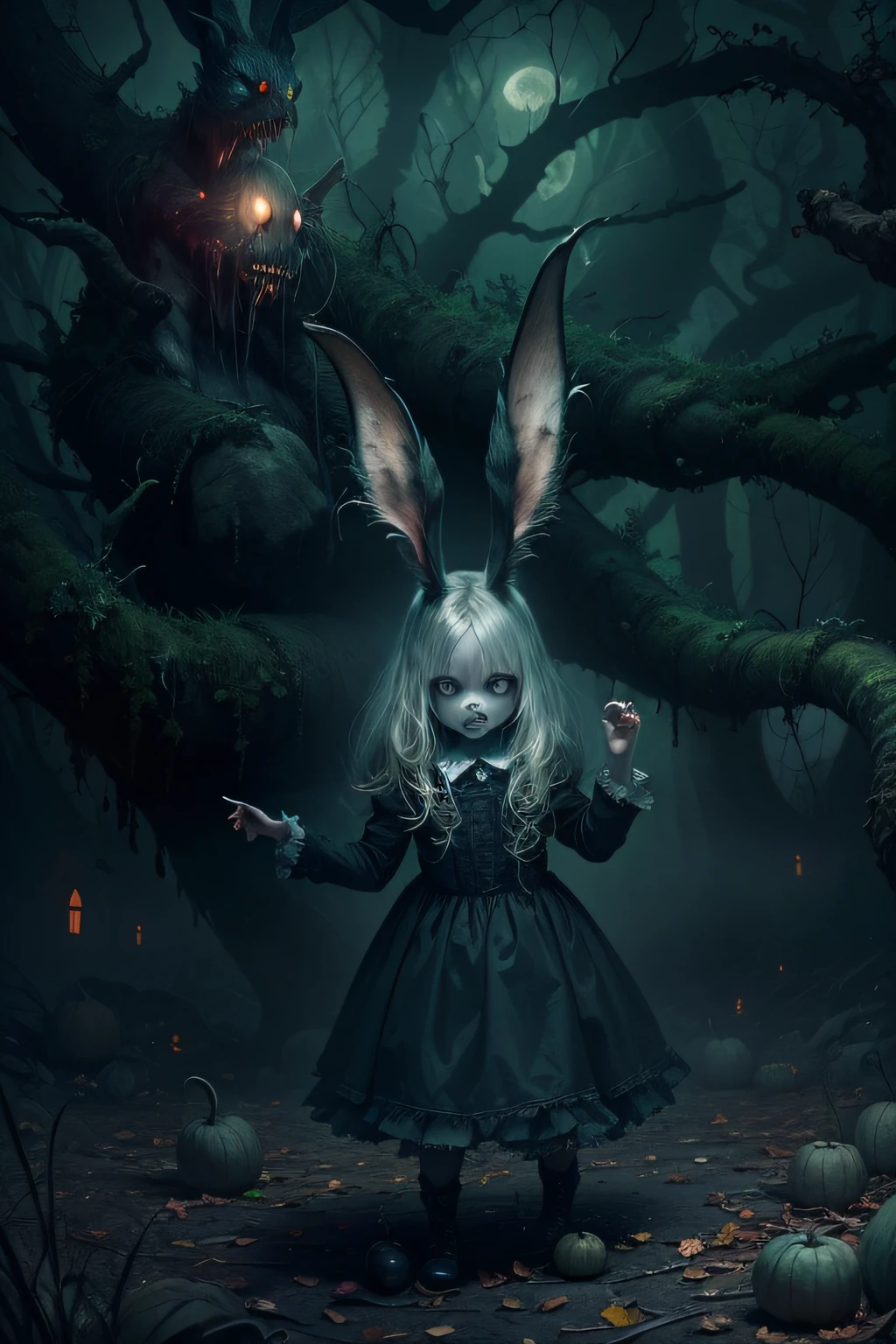 Imagine a monster child in a destroyed park with the demon-possessed rabbits blue fairies and red full moon