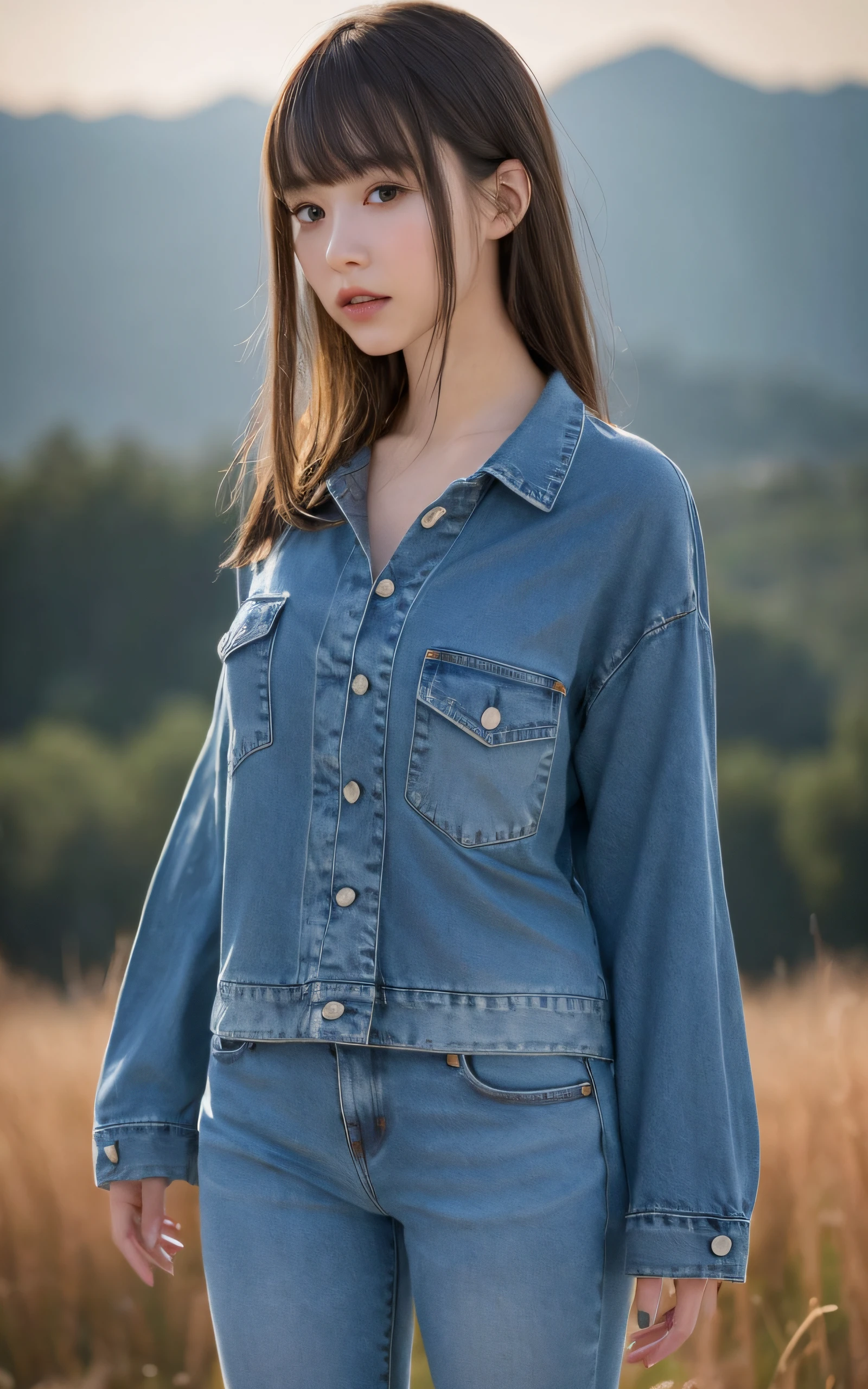 Top quality, realistic, perfect human body structure, very detailed, very delicate and beautiful, RAW photography, Majestic mountain range in the distance, professional lighting, luminescence, depth of field, single focal, ((full body:1.5)), sad, brown hair, small head, big breasts, baby face, beautiful eyes, real face, realistic skin, detailed eyes, (fashionable hairstyle: 1.3), bangs, gravure idol, Silk Blouse, denim pants, absurderes、Incredibly Ridiculous res、Extremely fine,