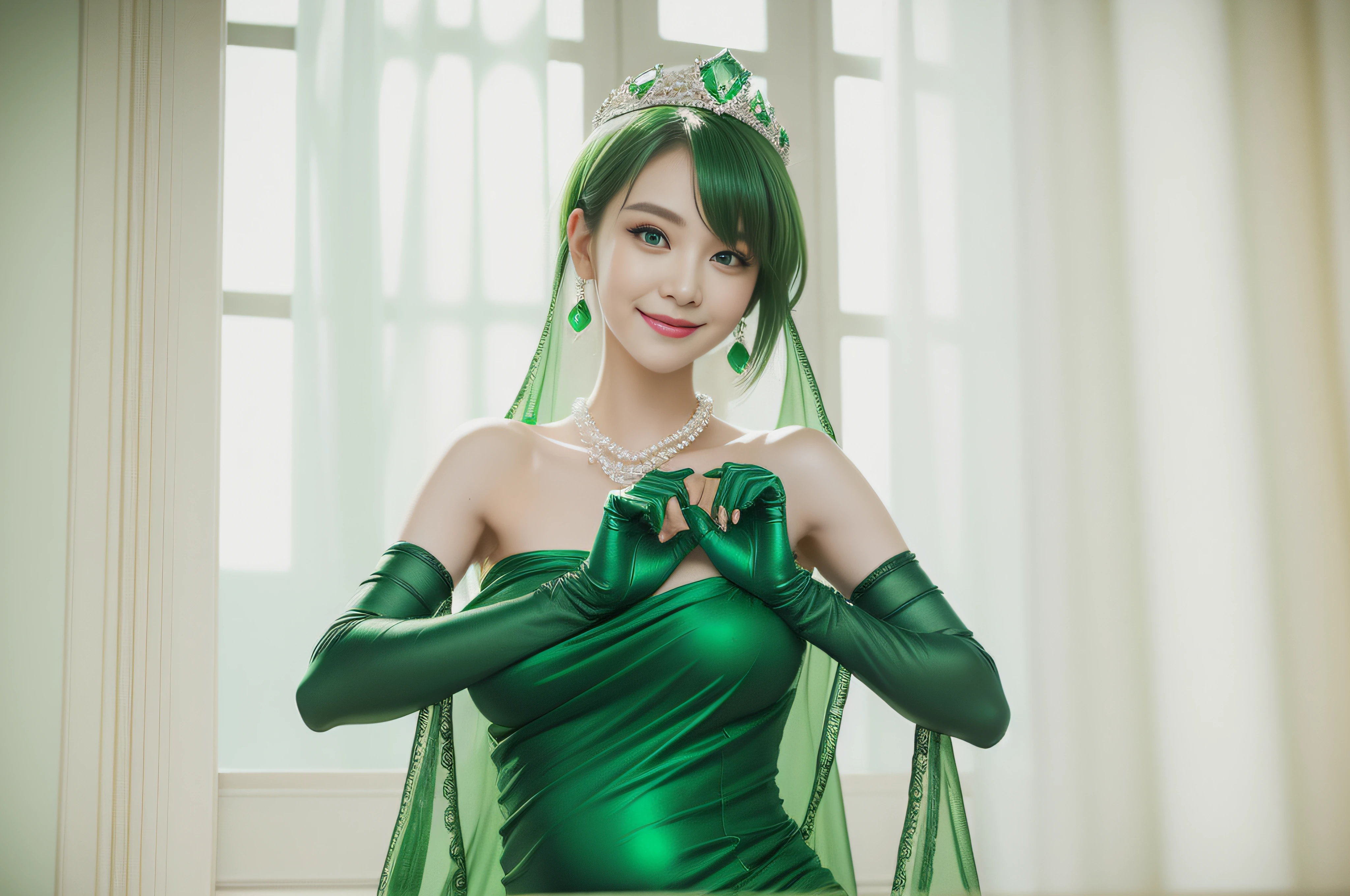 emerald tiara, Green Pearl Necklace, Boyish very short green hair, lipsticks, Japan woman smiling, very short short hair, big breasts beautiful, Green eyes, Long green gloves made of satin material, Green eyes, Emerald Earrings, Green dress, Pregnancy, Pregnant Woman, The tattoo