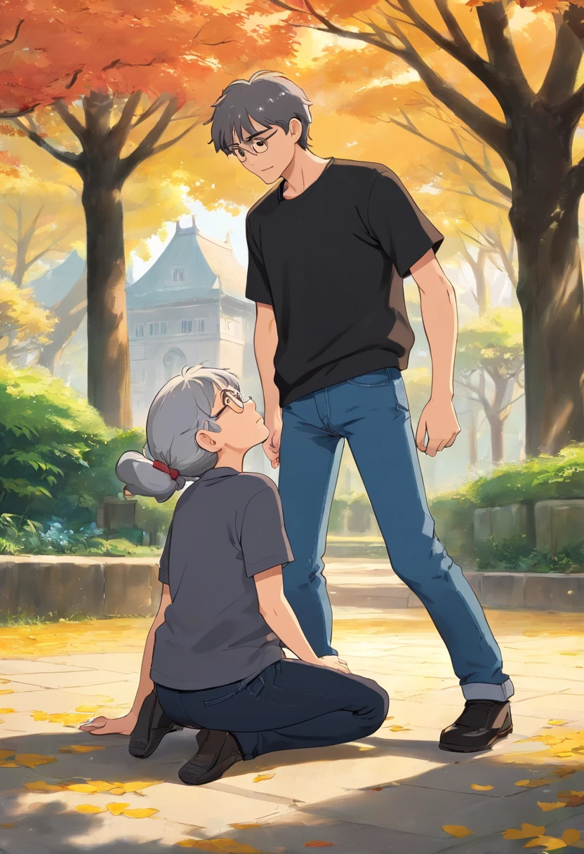 a young man with black t shirt and a jeans , helps an old woman wearing black and gray uniform that fell on the ground , to stand up , in the park , Dutch Camera Angle , Long Shot