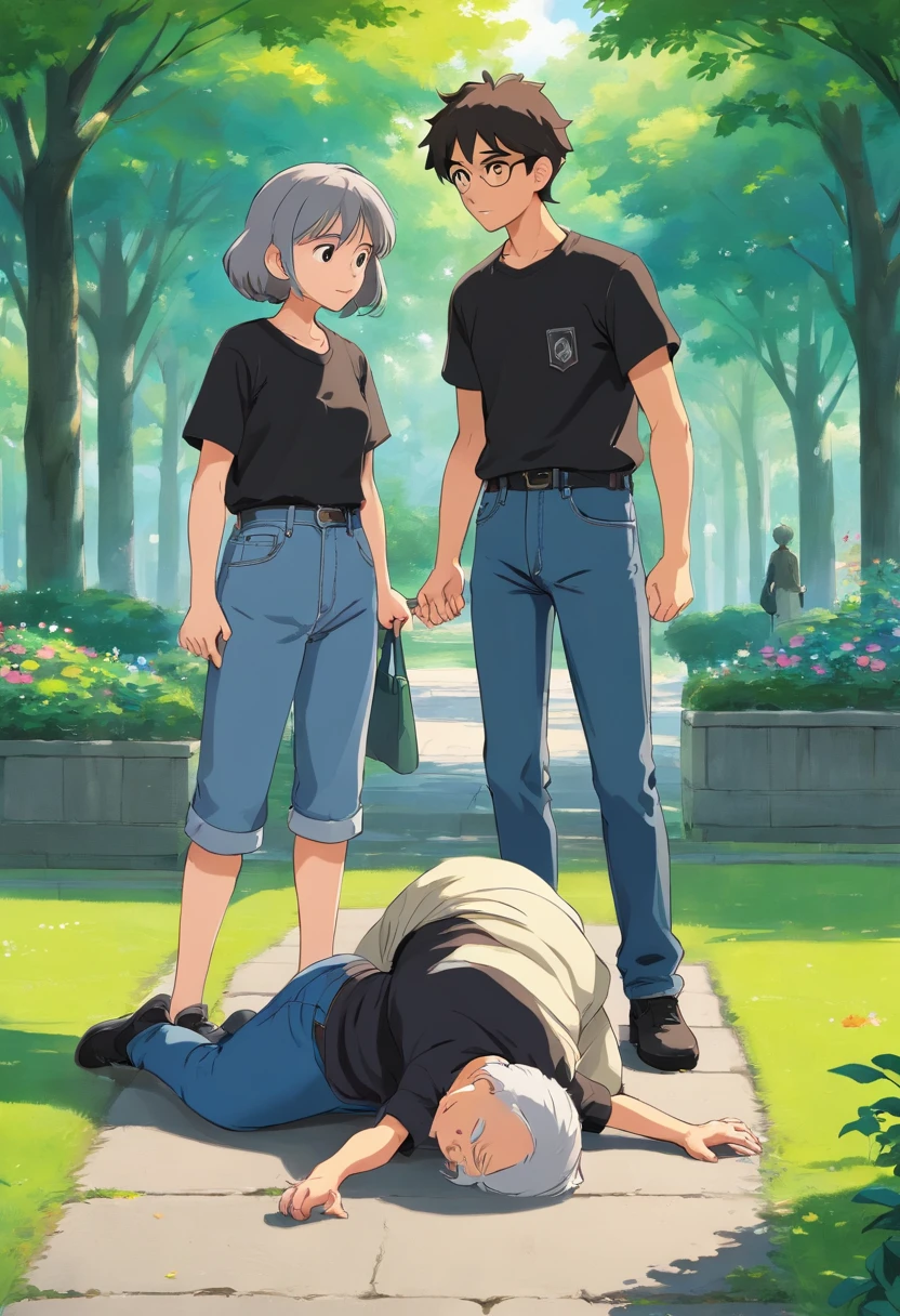 a young man with black t shirt and a jeans , helps an old woman wearing black and gray uniform that fell on the ground , to stand up , in the park , Dutch Camera Angle , Long Shot