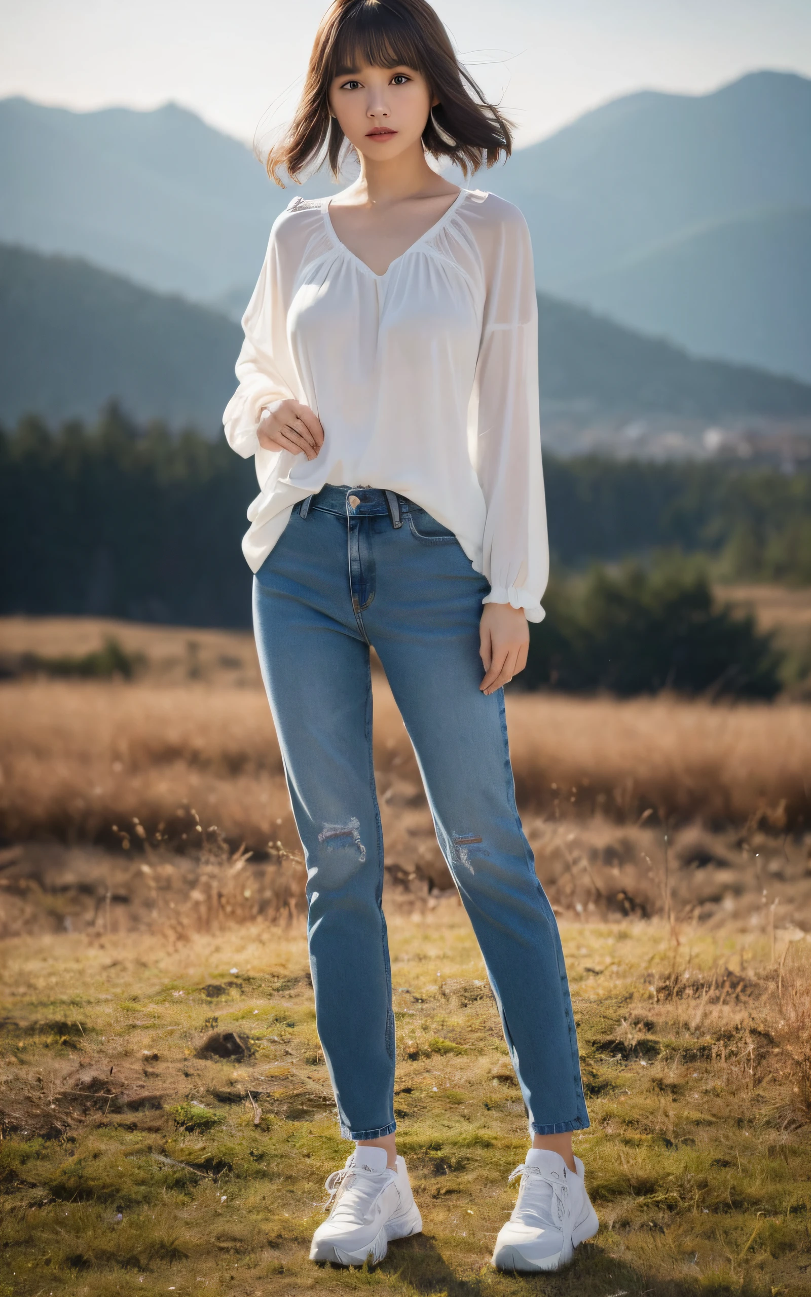 Top quality, realistic, perfect human body structure, very detailed, very delicate and beautiful, RAW photography, Majestic mountain range in the distance, professional lighting, luminescence, depth of field, single focal, ((full body:1.5)), sad, brown hair, small head, big breasts, baby face, beautiful eyes, real face, realistic skin, detailed eyes, (fashionable hairstyle: 1.3), bangs, gravure idol, Silk Blouse, denim pants, sneakers, absurderes、Incredibly Ridiculous res、Extremely fine,