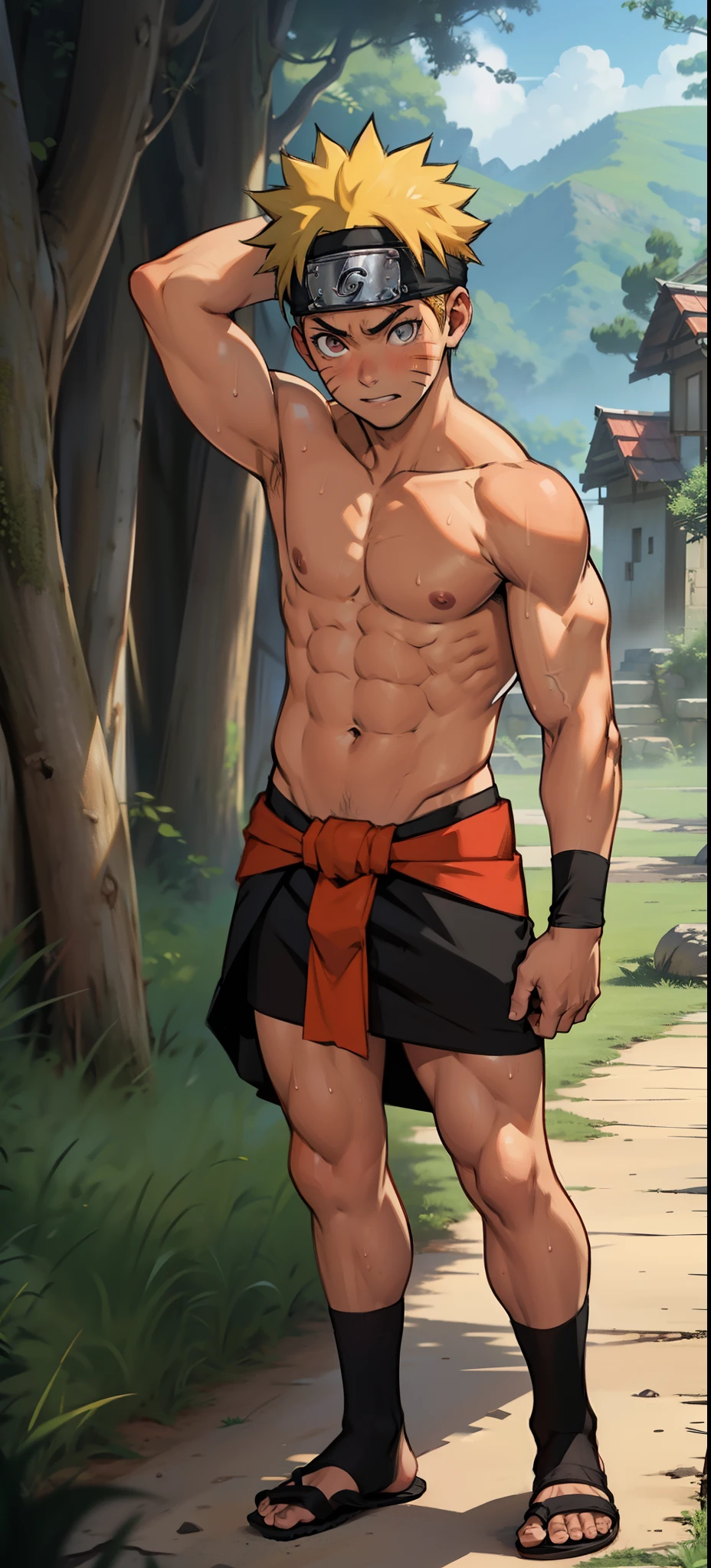 ( full body ) (photo angle from bottom up) Uzumaki Naruto doesn't wear banners , shy and blushed,, cute baby face, solid body, sweat flowed profusely, stand straight in a comfortable position , topless, shirtless ,tanned skin, rosy skin, red skin, sunny, only wrap a short and thin loincloth ,the loincloth bulges due to the erect male genitals, strong thigh muscles,super seductive, hot body, sexy Naruto