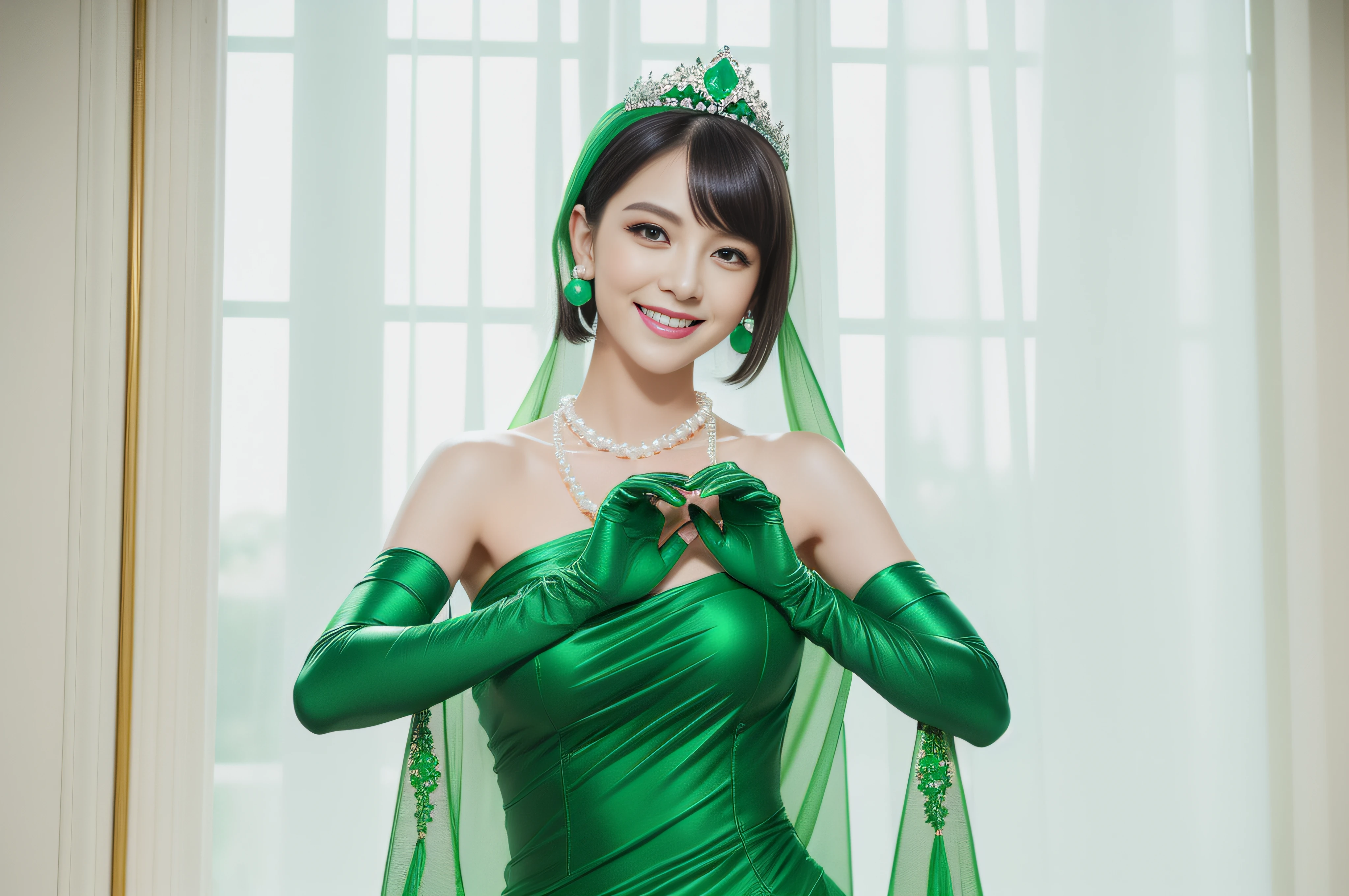 emerald tiara, Green Pearl Necklace, Boyish very short black hair, lipsticks, Japan woman smiling, very short short hair, big breasts beautiful, Green eyes, Long green gloves made of satin material, Green eyes, Emerald Earrings, Green dress